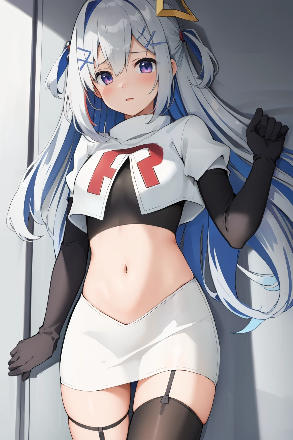 (masterpiece, best quality), intricate details,
1girl, kanatarnd, kanatasixth, team rocket,team rocket uniform, red letter R, white skirt,white crop top,black thigh-highs, black elbow gloves