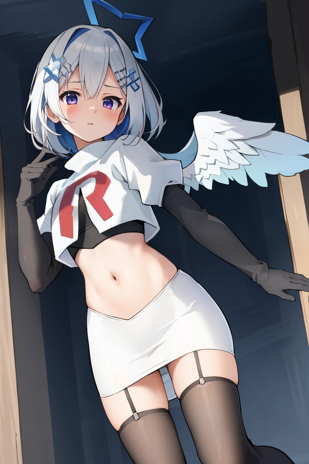 (masterpiece, best quality), intricate details,
1girl, kanatarnd, kanatasixth, team rocket,team rocket uniform, red letter R, white skirt,white crop top,black thigh-highs, black elbow gloves