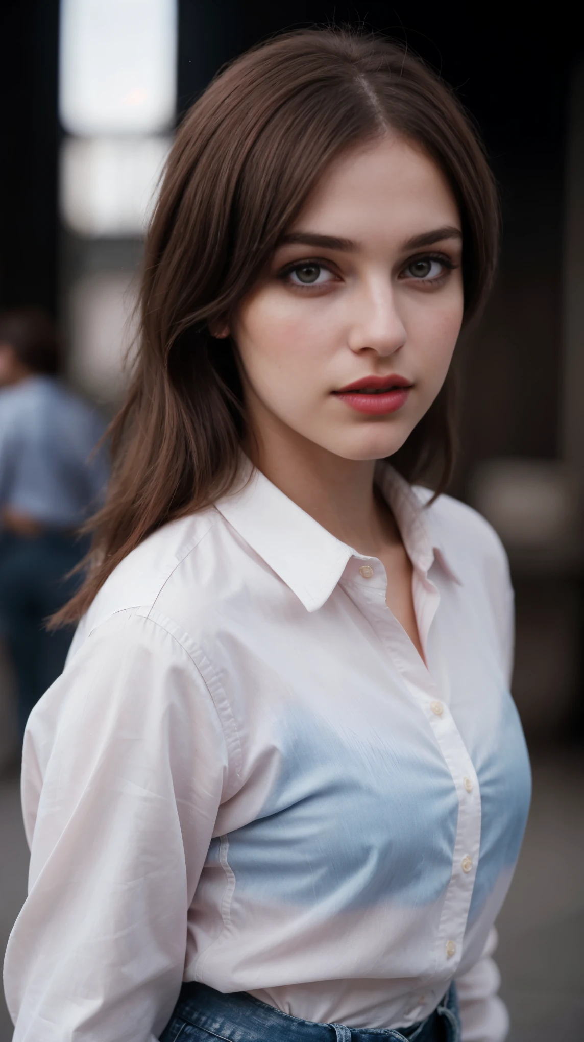 Boycut brown shining hair, (RAW photo), (realism: 1.8), (gloss red lipstick, many eyelashes, dark black eye shadow, shy, blushing, high quality, high resolution, depth of field, chromatic aberration, caustic, wide light, dark pink fair glossy skin, (21 year old woman), stylish college girl, white shirt-blue jeans, lots of exposure, pose, visible 8k resolutions,