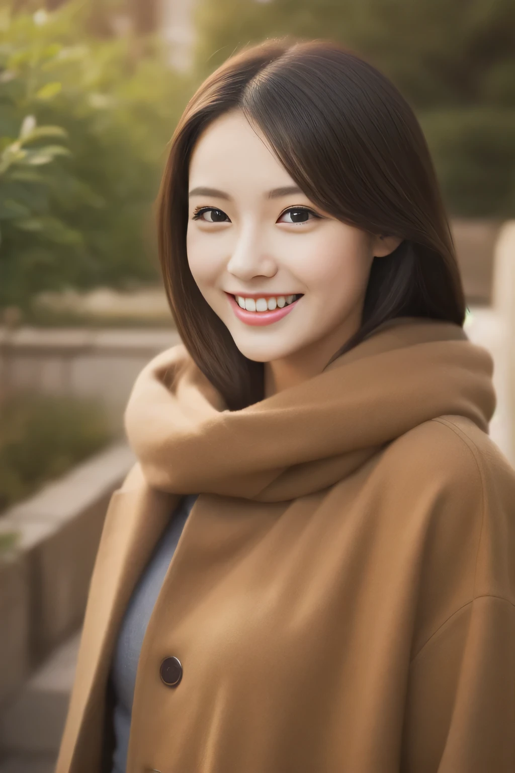 hostess'face、Winter clothes、high quality、surreal、healthy、smile、Slender perfect figure、beauty of japan、 necklace、perfect eyes beautiful skin、Upper body、garden
