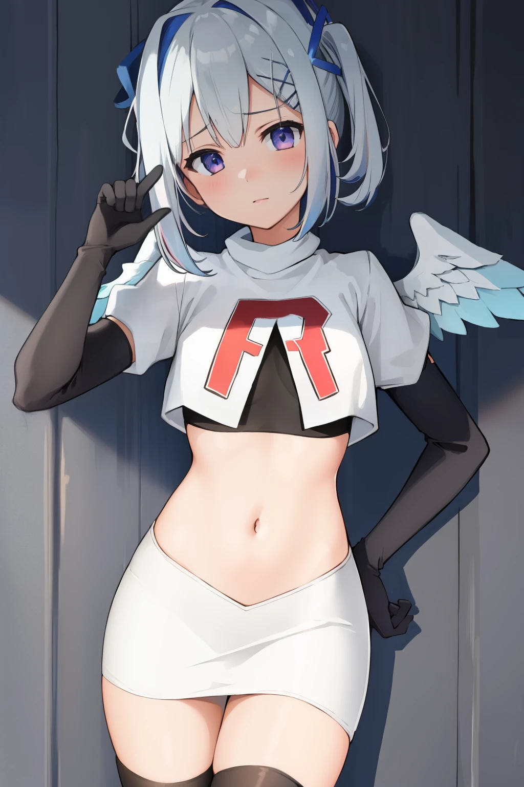 (masterpiece, best quality), intricate details,
1girl, kanatarnd, kanatasixth, team rocket,team rocket uniform, red letter R, white skirt,white crop top,black thigh-highs, black elbow gloves