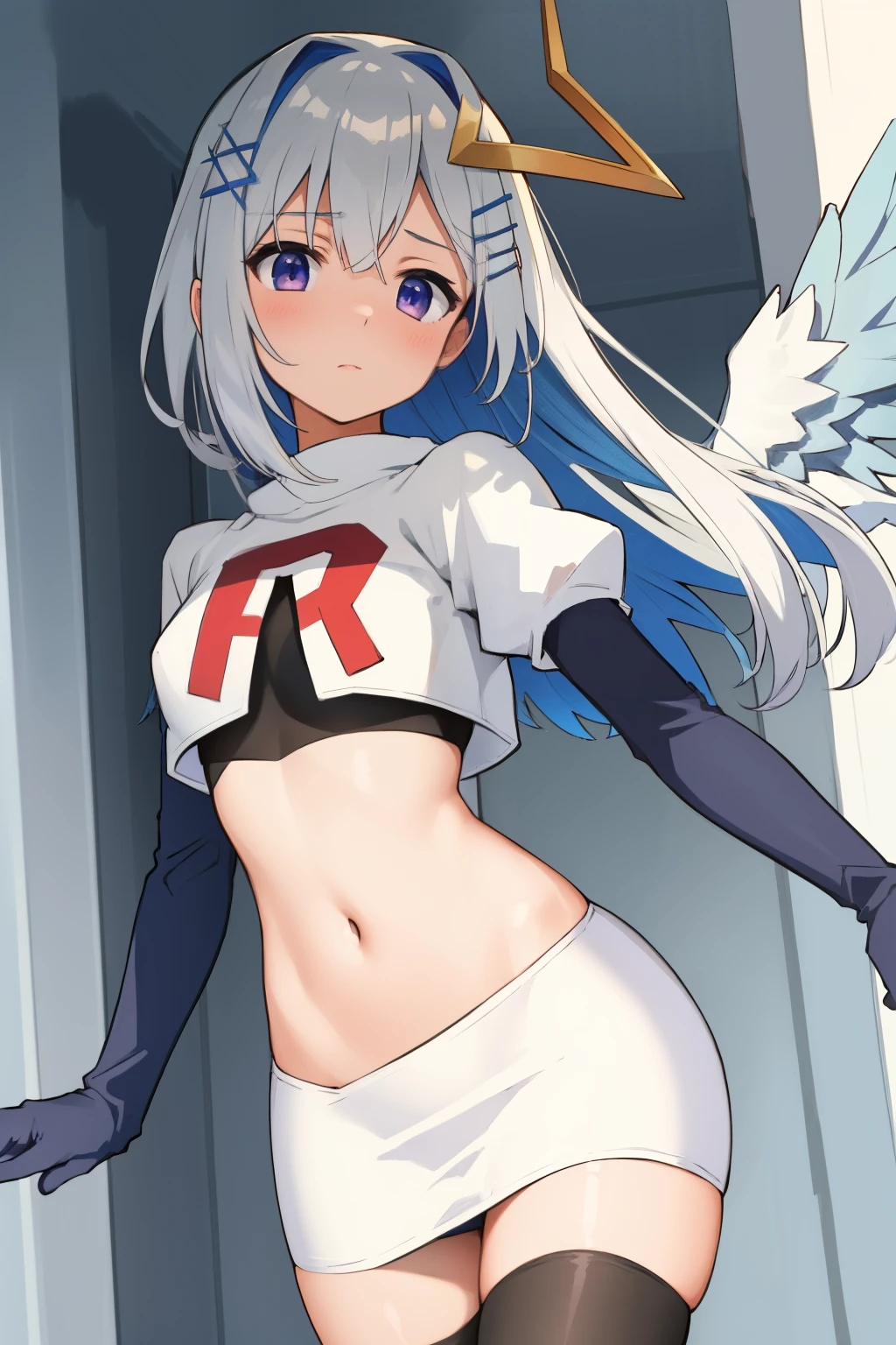 (masterpiece, best quality),  intricate details,
1girl,     kanatarnd,  kanatasixth, team rocket,team rocket uniform, red letter R, white skirt,white crop top,black thigh-highs, black elbow gloves

