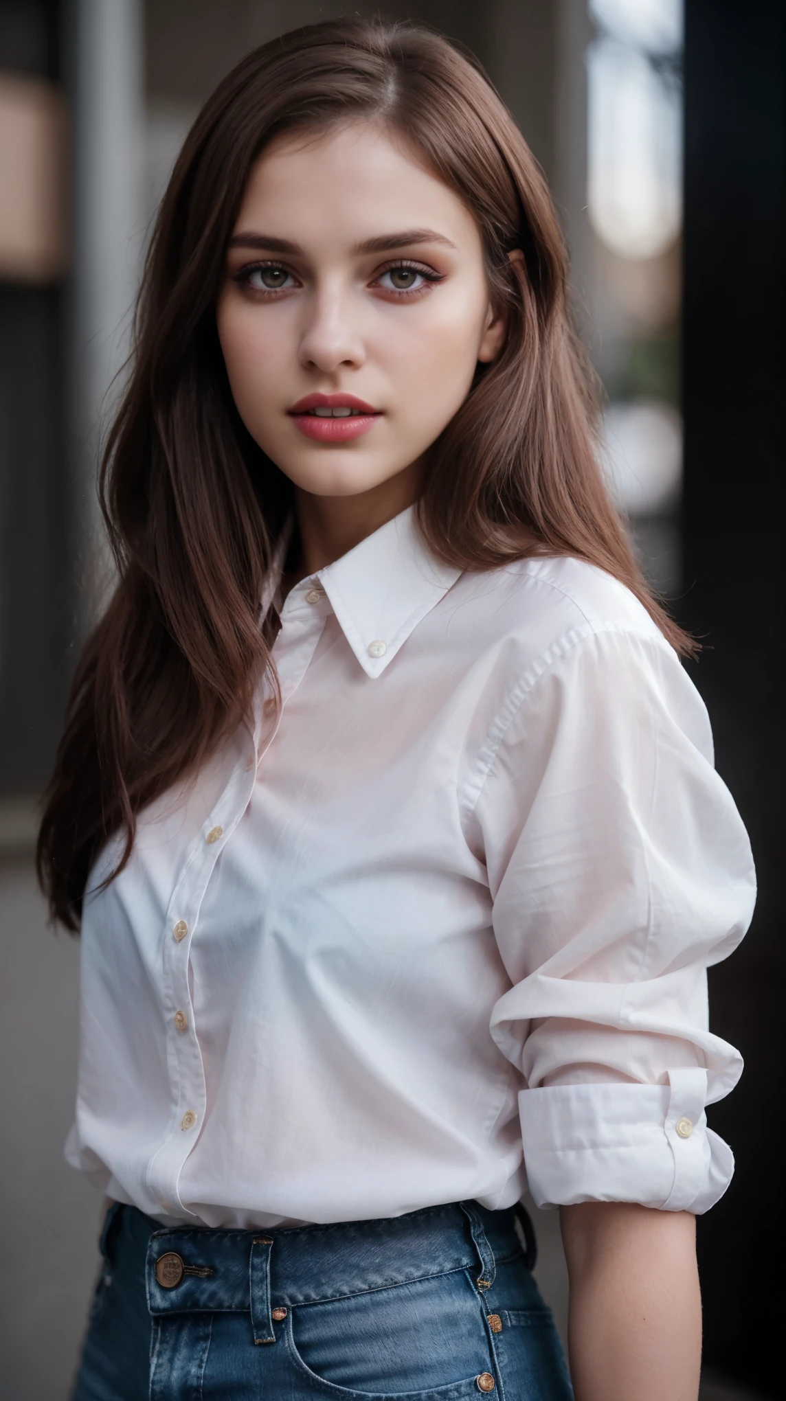 Boycut brown shining hair, (RAW photo), (realism: 1.8), (gloss red lipstick, many eyelashes, dark black eye shadow, shy, blushing, high quality, high resolution, depth of field, chromatic aberration, caustic, wide light, dark pink fair glossy skin, (21 year old woman), stylish college girl, white shirt-blue jeans, lots of exposure, pose, visible 8k resolutions,