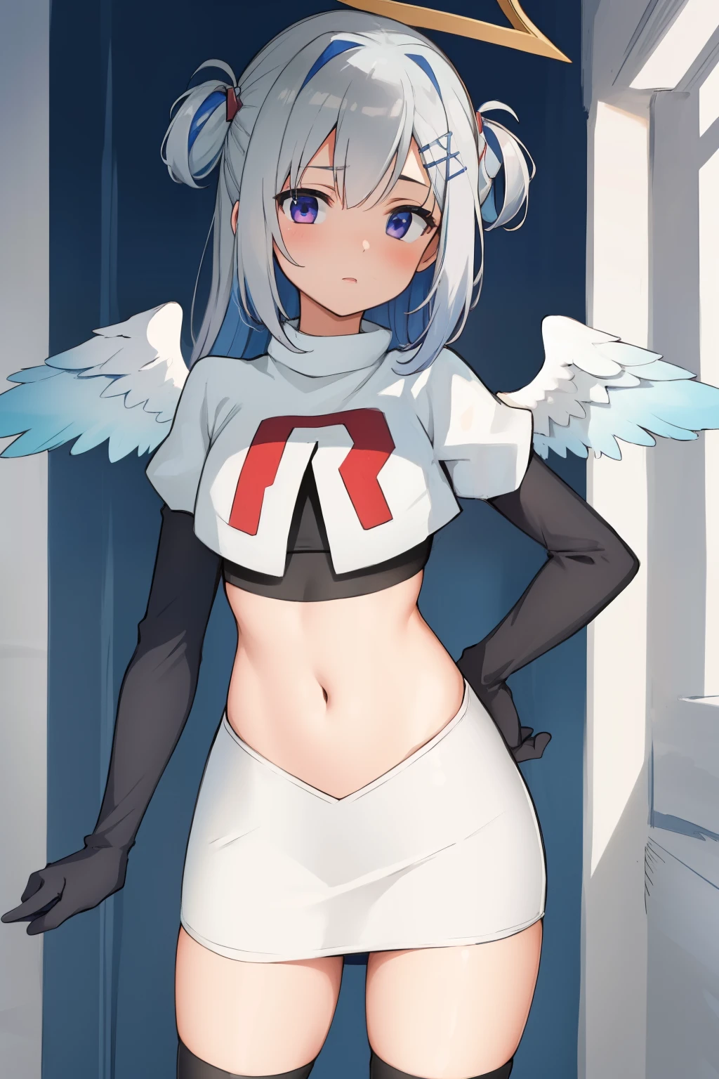 (masterpiece, best quality),  intricate details,
1girl,     kanatarnd,  kanatasixth, team rocket,team rocket uniform, red letter R, white skirt,white crop top,black thigh-highs, black elbow gloves

