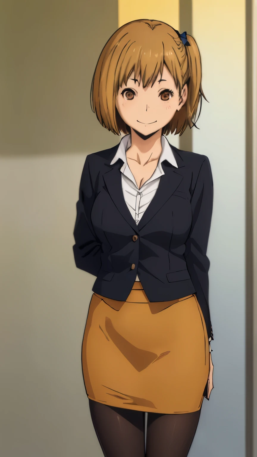 (masterpiece, 最high quality, high quality, High resolution, super detailed), Hitoka Yachi, 1 girl, alone, looking at the viewer, shirt, hair ornaments, bow, brown eyes, blonde hair,  collared shirt, bowtie, side ponytail, one side up, smile, (masterpiece, 最high quality, high quality, realistic:1.3), (Bright colors, Bright colors, diffused lighting:1.1), Itsuki Shima, mature woman, (cowboy shot:1.2), black pantyhose, pencil skirt, short hair, brown hair, bob cut, brown eyes, chest, cleavage, looking at the viewer, office lady, formal, suit, skirt suit, high heels、Full body Esbian