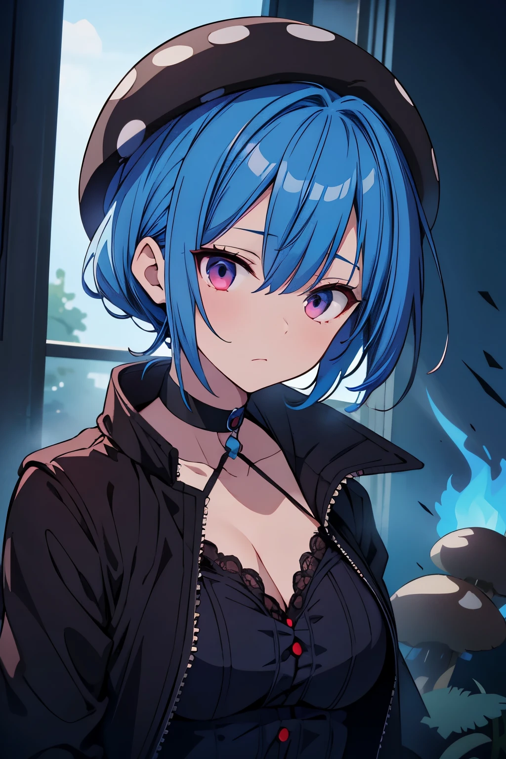 Blue haired, yandere, mushroom on her head, crazy, dark atmosphere, murderous glare, gothic