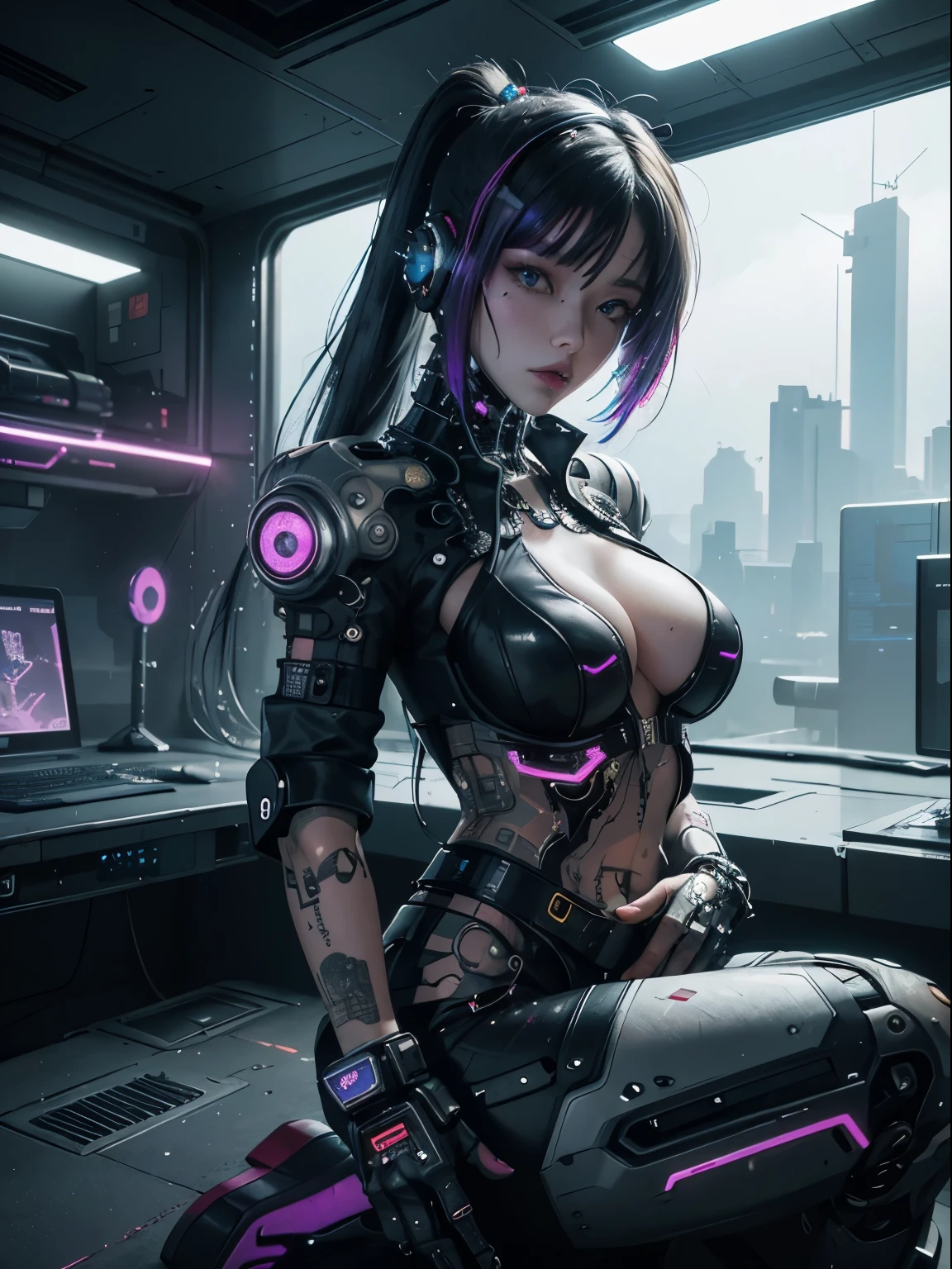 Unbeatable masterpiece, ultra photoreal sim, perfect artwork, intricate details, highest quality, strong light,high contrast,((Post apocalyptic futuristic cyber punk , overview):1.35) , ((masterpiece)),((very detailed)) , ((very detailed and beautiful face)) , smoky makeup, perfect composition , intricate details , neon light , neon trim, (Full body Esbian:1.25) , (official art) , とても繊細で美しいcyber punk少女, Long iridescent hair flutters in the wind, bright yellow eyes, long and fine eyelashes, huge huge tits, showing cleavage, very detailed未来的なフード付きバトルアーマーを着用, lots of tattoos and piercings(1 girl:1.3) , alone , (glass screen:1.2) , (transparent glass) , Tyndall effect , colorful refraction , visual impact , (high light contrast) , colorful , melt , (cyber punk:1.5) ,(flinch :1.4) ,