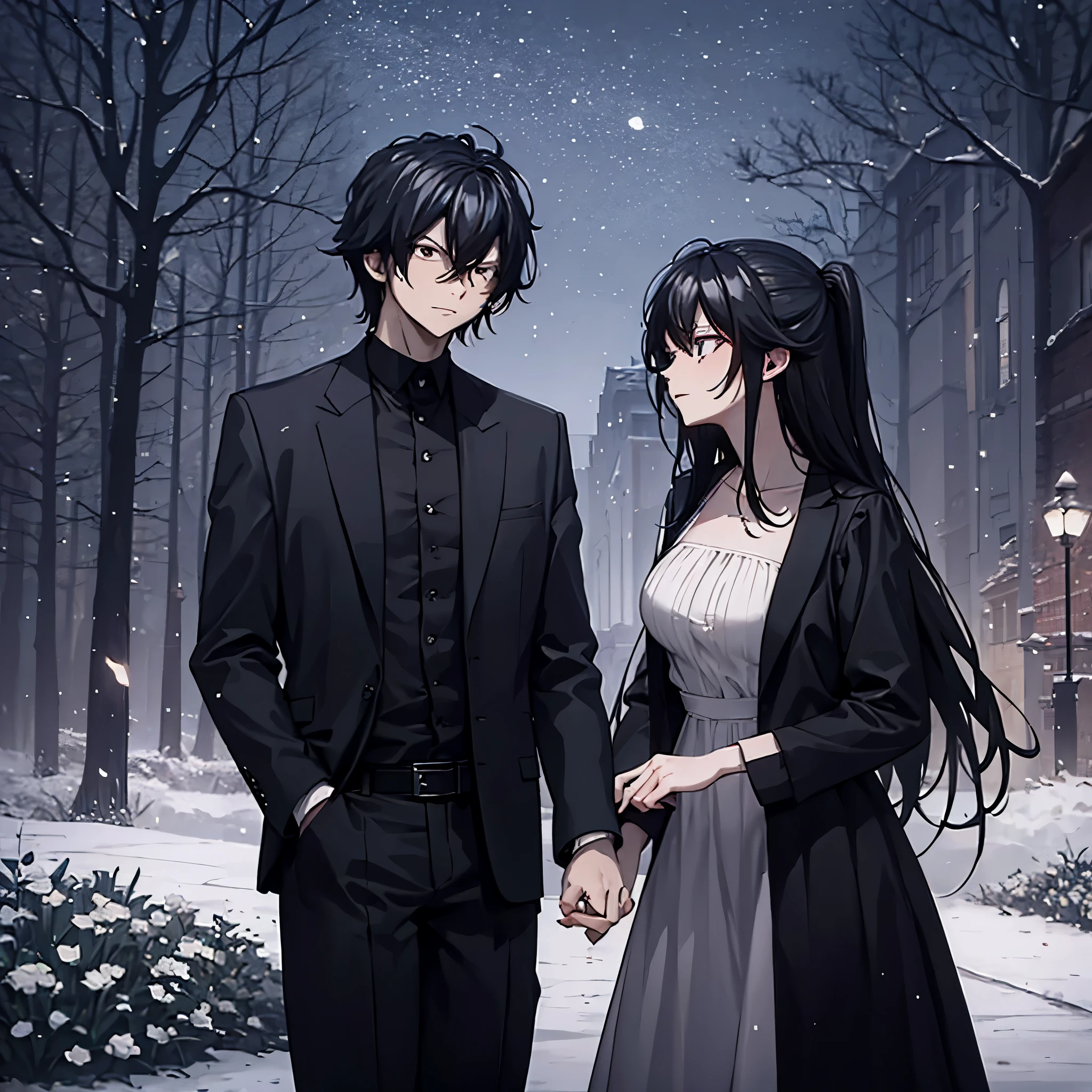 a man in black casual clothes holding hands with(eye red) his wife in a white dress, in a park at night, illuminated.