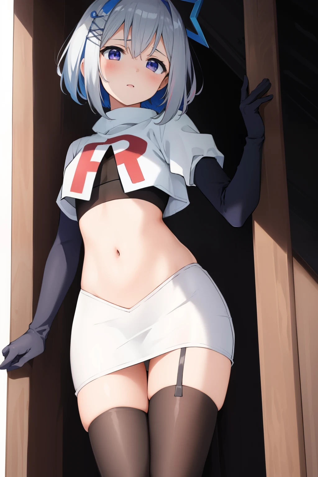 (masterpiece, best quality),  intricate details,
1girl,     kanatarnd,  kanatasixth, team rocket,team rocket uniform, red letter R, white skirt,white crop top,black thigh-highs, black elbow gloves
