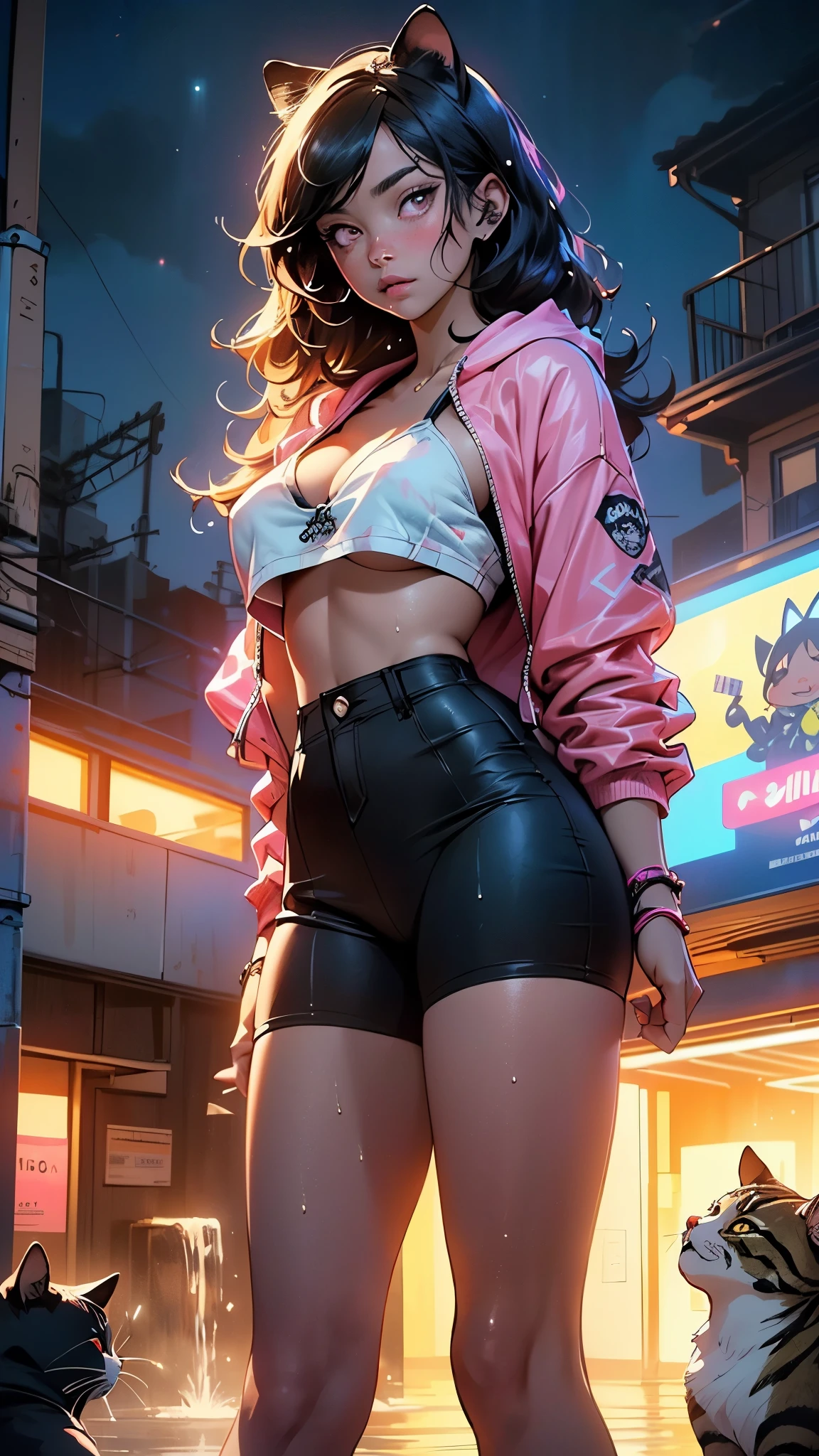 girl,(1girl),((beautiful girl with cute cat ears)),
(large breasts:1.4),saggy breasts,((black hair,black messy hair,colored inner hair,long hair:1.5,absurdly long unkempt hair:1.35,long black hair,ear breathing,intricate cut hair)),((((cat ears,cat ears on head,big cat ears)))),(((neon_pink_eyes:1.3))),intricate eyes,beautiful detailed eyes,symmetrical eyes,((fat)),(((lustrous skin:1.5,bright skin: 1.5,skin tanned,shiny skin,very shiny skin,shiny body,plastic glitter skin,exaggerated shiny skin,illuminated skin,wet legs))),(spider lower abdomen,narrow waist,wide hip,athletic body,inflated legs, thick thighs,detailed body,(detailed face)),
cute,slutty,seductive,erotic,(((nsfw))),
zettai ryouiki,revealing clothing,show skin,((((underboob,cleavage)))),(semi-naked,with little clothing),((tiny thong intricate)),((large sport socks,visible thong straps,no bra,underpants strap)),((((crop top hoodie,cropped hoodie,hoodie,hoodie intricate)))),(((wet clothes,intricate outfit,intricate clothes))),
(dynamic pose:1.0),solo focus,embarrassed,(centered,scale to fit dimensions,Rule of thirds),
cyberpunk city by the ocean at night, with bright neon signs and dark stormy clouds and puddles, scenery:1.25,nighttime, starry night, cosmos,Very dark night that makes the neon lights stand out, very bright neon lights,nighttime, starry night, cosmos,
(top-quality,8K,32K,masterpiece),high resolution,ultra-detailed,(Photorealistic:1.4,realistic,photo-realistic:1.37),professional,photo from the front,glitter,intricate,highly detailed,volumetric lighting,digital painting,intense,sharp,focus,((soaking wet)),magnificent,high fantasy,portrait,perfect rendered face,perfect face details,grim,medium shot,realistic face,photo realistic,analog style,bf,best quality,((intricate detail)),highres,((drawn)),cinematic lighting,(((realism))),((synthwave background theme)),(((vibrant colors))),by Richard Corben, by Miles Aldridge,by John Atkinson Grimshaw,art by artgerm and rutkowski and alphonse mucha