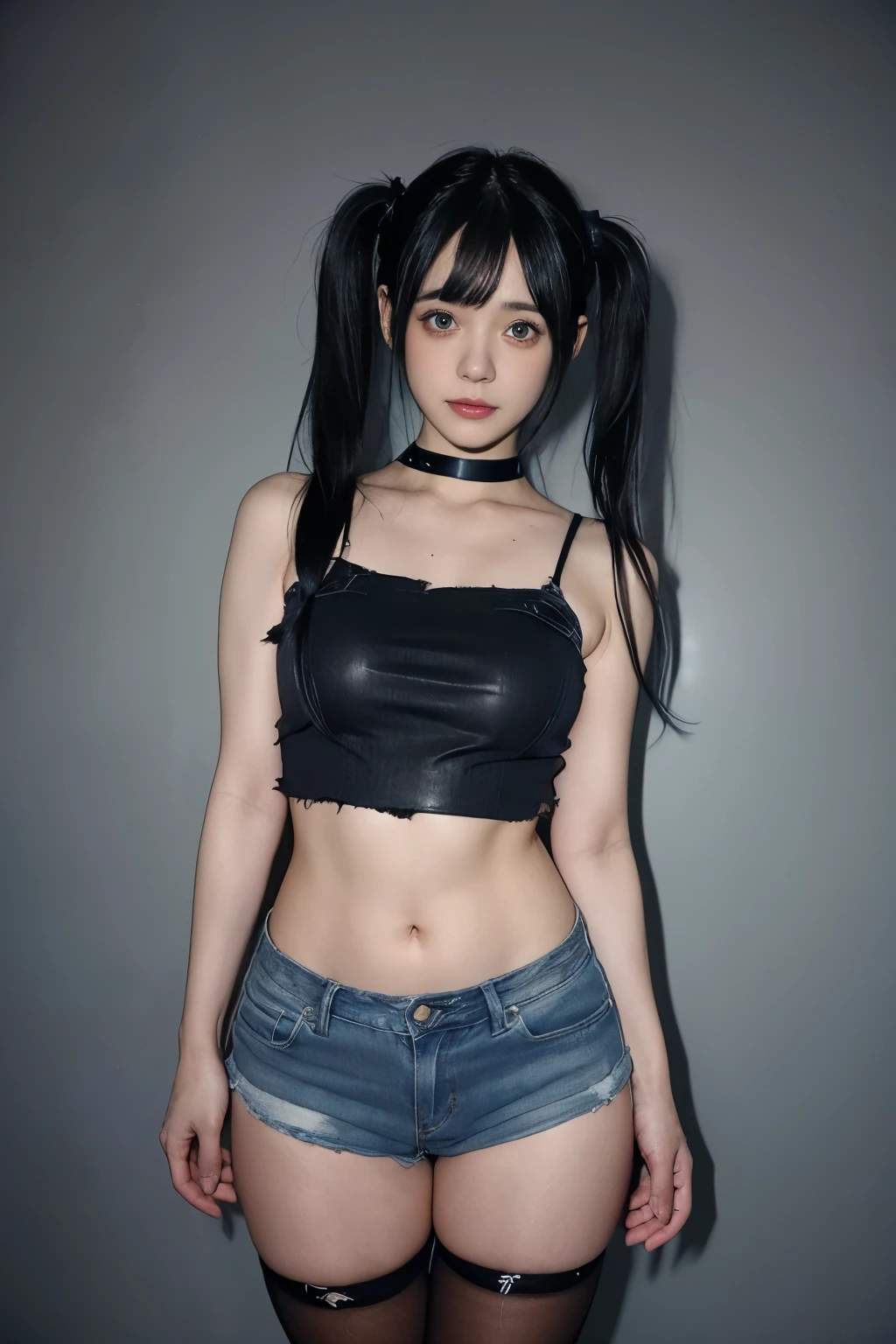 (a 29 yo girl, Zooey Deschanel),cute smile,dynamic sexy pose,(full body shot from below),(highly detailed torn clothes),(wearing black|purple thighhighs, thighhighs straps, short denim shorts, punk tshirt, open leather jacket, choker),thighgap,perfect face,earring,face freckles,beautiful detailed eyes,black lips,blue hair pigtails,hair between eyes,low contrast,dim colors,exposure blend,faded,slate gray atmosphere,symetrical,35mm,(skinny, thin body)