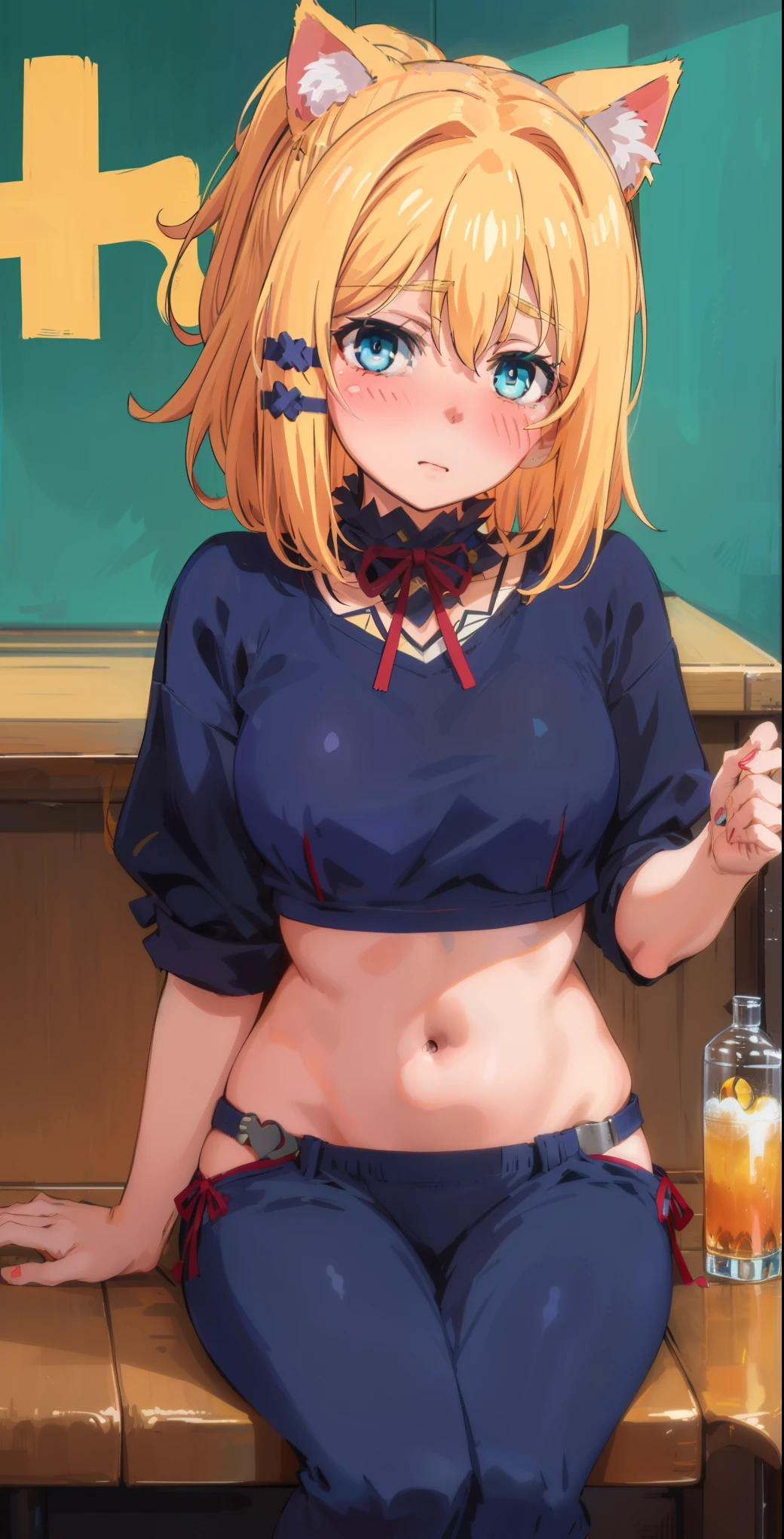 best quality, (masterpiece:1.2), detailed, medieval,
Rumia Tingel,
1girl, solo, ((blush)),
medium hair, blonde hair, short ponytail, blue eyes, green bow, x hair ornament,
((( blue eyes, ultra-detailed eyes))),
Dynamic pose, ((blush)), medium breasts,  medium hair,  background, perfect anatomy, healthy skin,  glowing eyes, cat ears. ((((sitting in a bar)))). (((((Casual clothes, navel, healthy skin))))),  confident. (((Dominatrix, authority, merciless)))