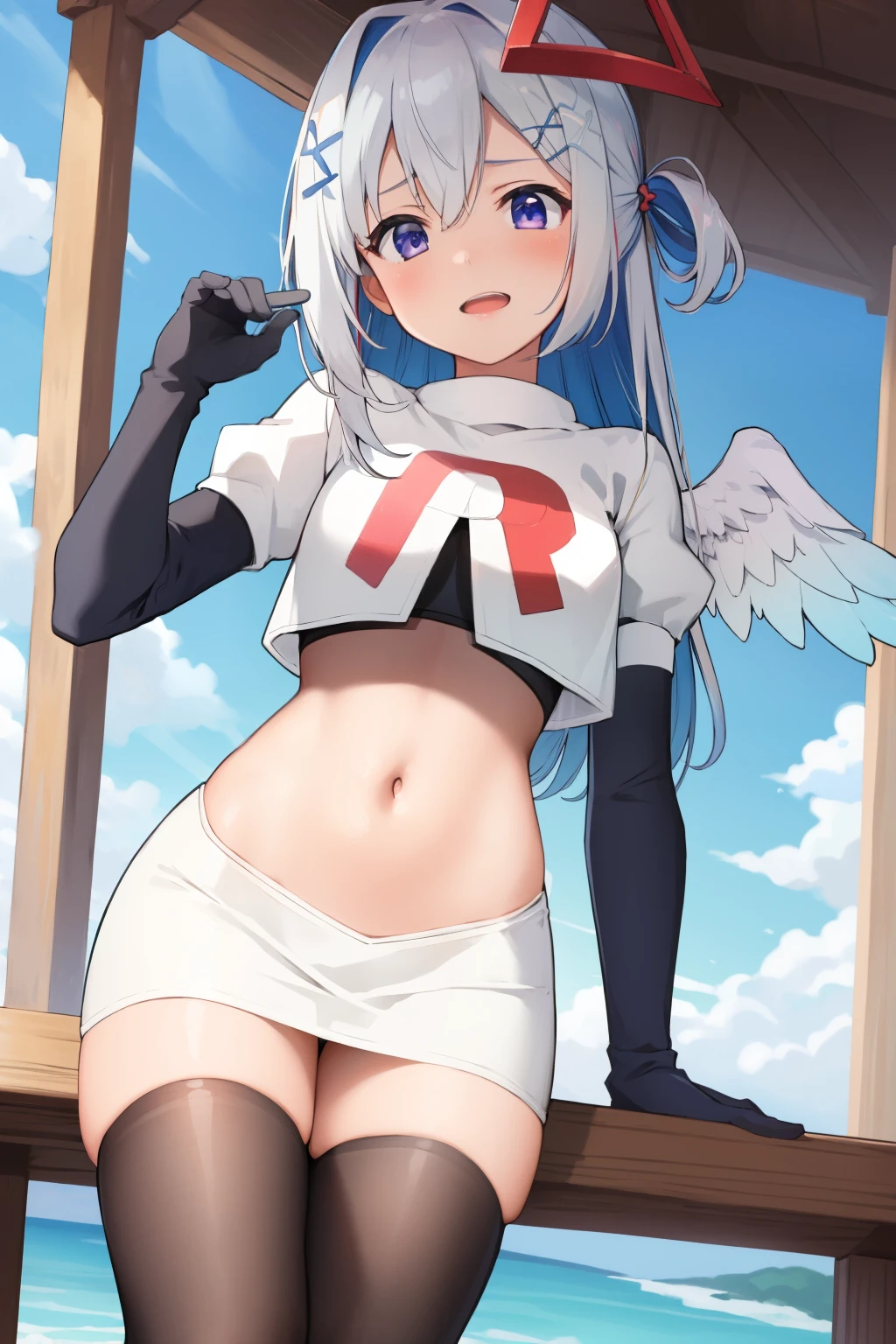 (masterpiece, best quality),  intricate details,
1girl,     kanatarnd,  kanatasixth, team rocket,team rocket uniform, red letter R, white skirt,white crop top,black thigh-highs, black elbow gloves
