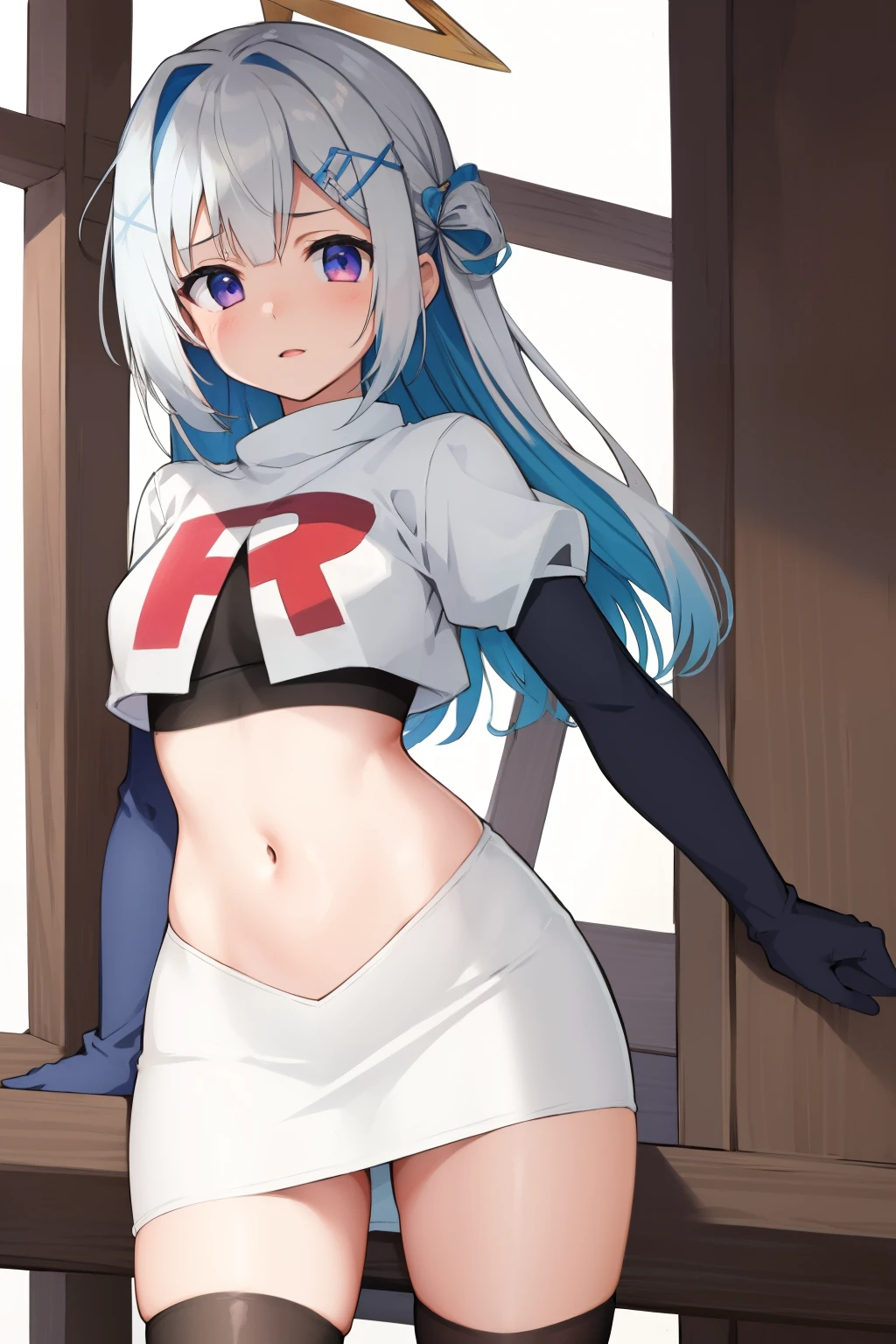 (masterpiece, best quality),  intricate details,
1girl,     kanatarnd,  kanatasixth, team rocket,team rocket uniform, red letter R, white skirt,white crop top,black thigh-highs, black elbow gloves
