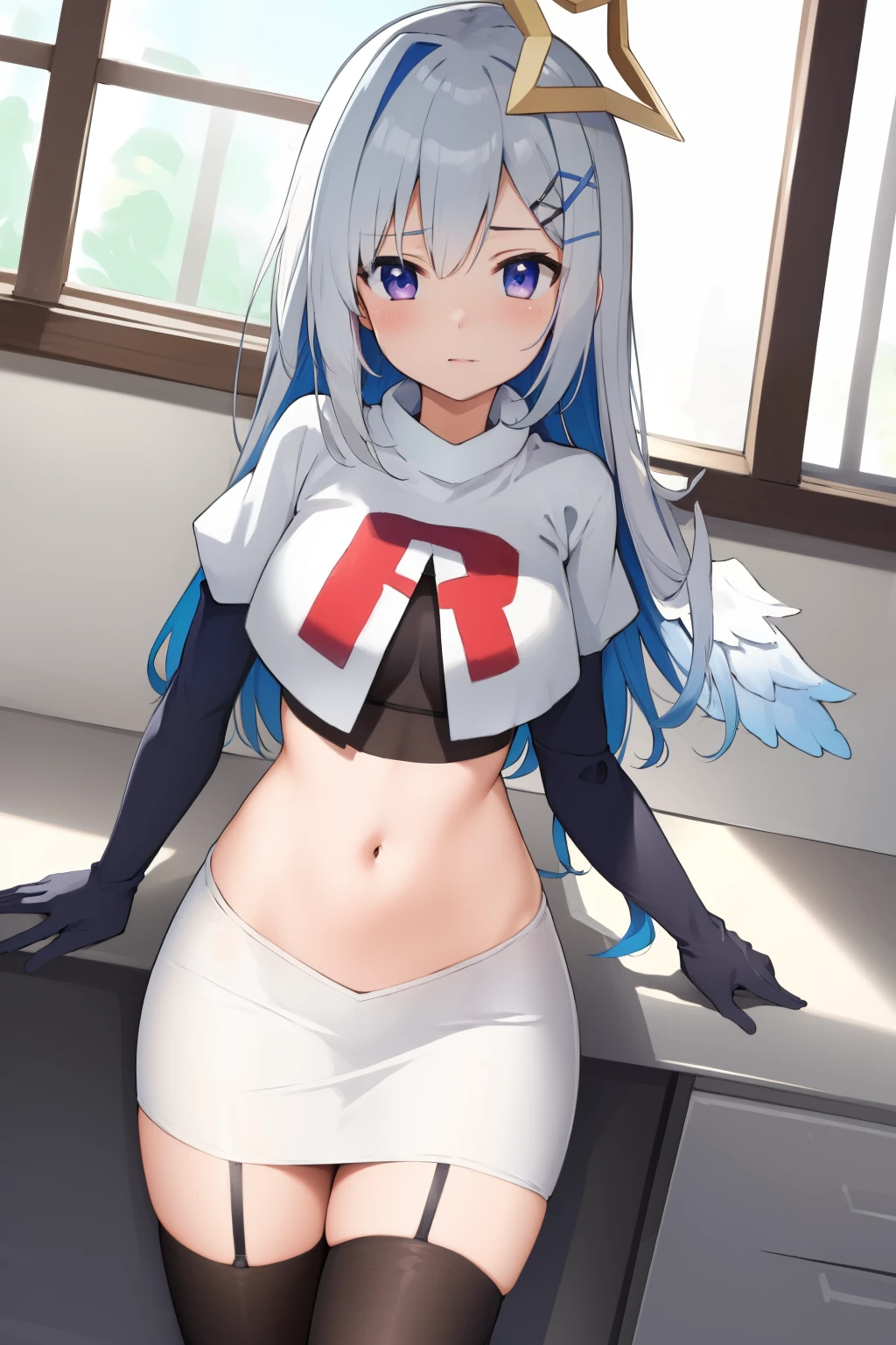 (masterpiece, best quality), intricate details,
1girl, kanatarnd, kanatasixth, team rocket,team rocket uniform, red letter R, white skirt,white crop top,black thigh-highs, black elbow gloves