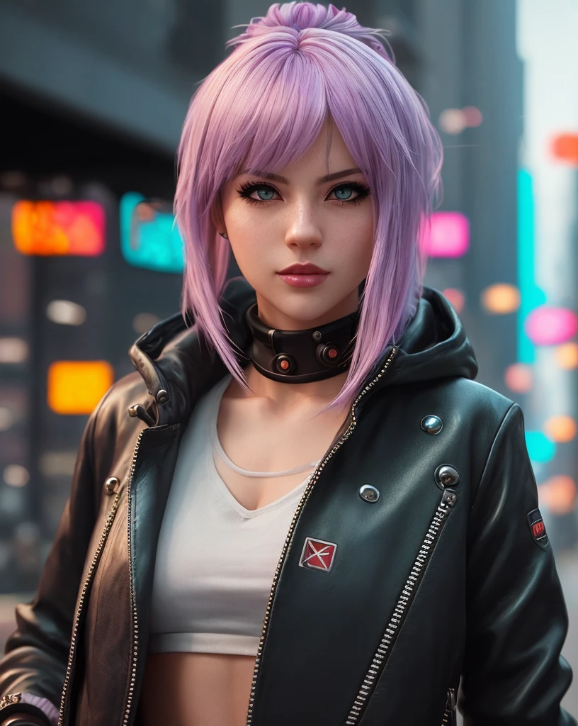 an ultra realistic portrait of a very beautiful woman, black eyes, long purple hair,  posing for a photo in a leather jacket and colourful pants on a street, extremely detailed facial features, hero pose colorful city lighting, seductive cyberpunk dark fantasy, model girl, in cyberpunk style, cyberpunk beautiful girl, beautiful cyberpunk woman model, realistic Barbie doll , realistic anime style, cyberpunk outfit, female cyberpunk anime girl, urban fantasy style,cinematic, Hyper-detailed, insane details, Beautifully color graded, Unreal Engine, DOF, Super-Resolution, Megapixel, Cinematic Lightning, Anti-Aliasing, FKAA, TXAA, RTX, SSAO, Post Processing, Post Production, Tone Mapping, CGI, VFX, SFX, Insanely detailed and intricate, Hyper maximalist, Hyper realistic, Volumetric, Photorealistic, ultra photoreal, ultra-detailed, intricate details, 8K, Super detailed, Full color, Volumetric lightning, HDR, Realistic, Unreal Engine, 16K, Sharp focus, cgsociety 9, fractal isometrics details bioluminescens : a stunning realistic photograph 28 years