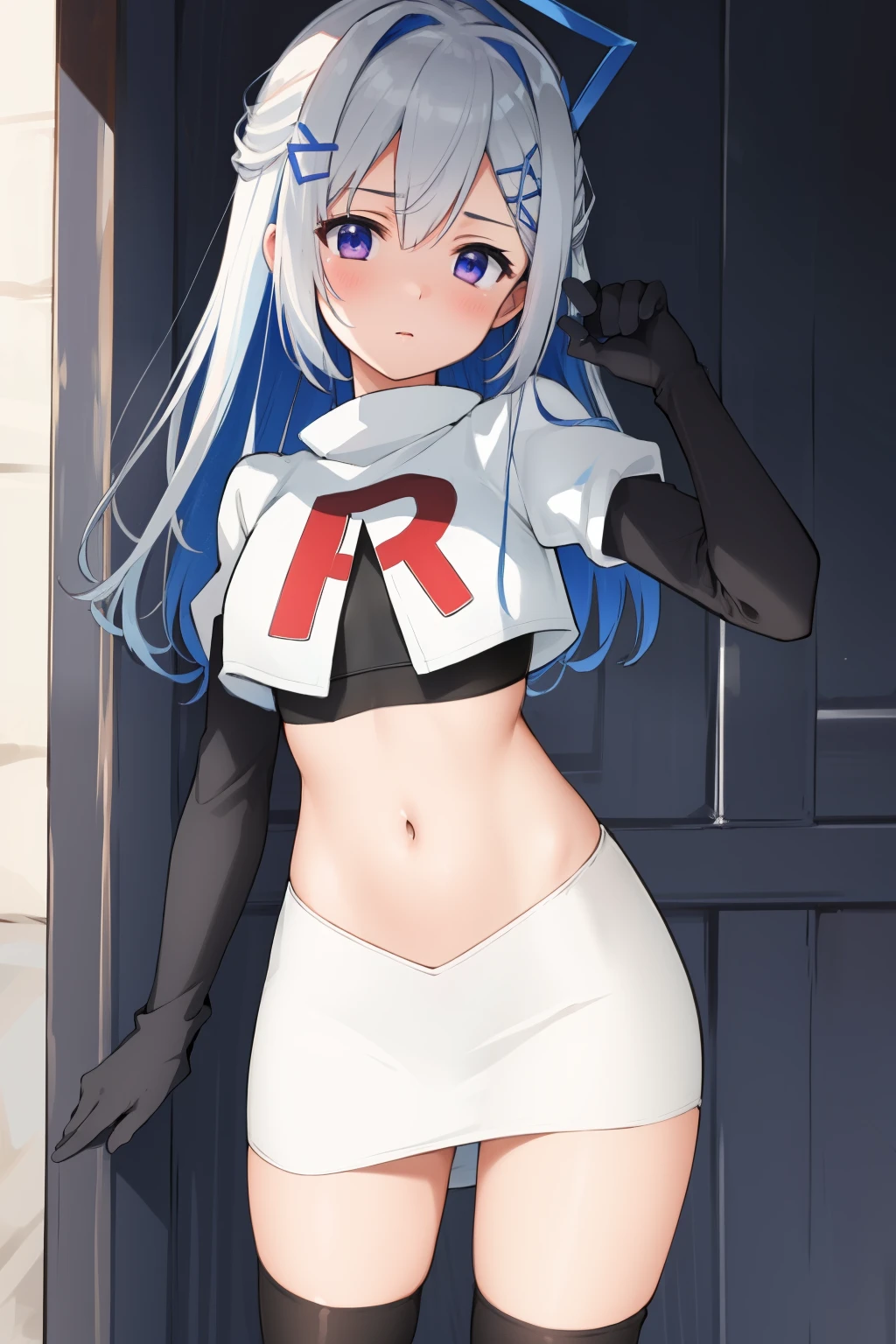(masterpiece, best quality), intricate details,
1girl, kanatarnd, kanatasixth, team rocket,team rocket uniform, red letter R, white skirt,white crop top,black thigh-highs, black elbow gloves