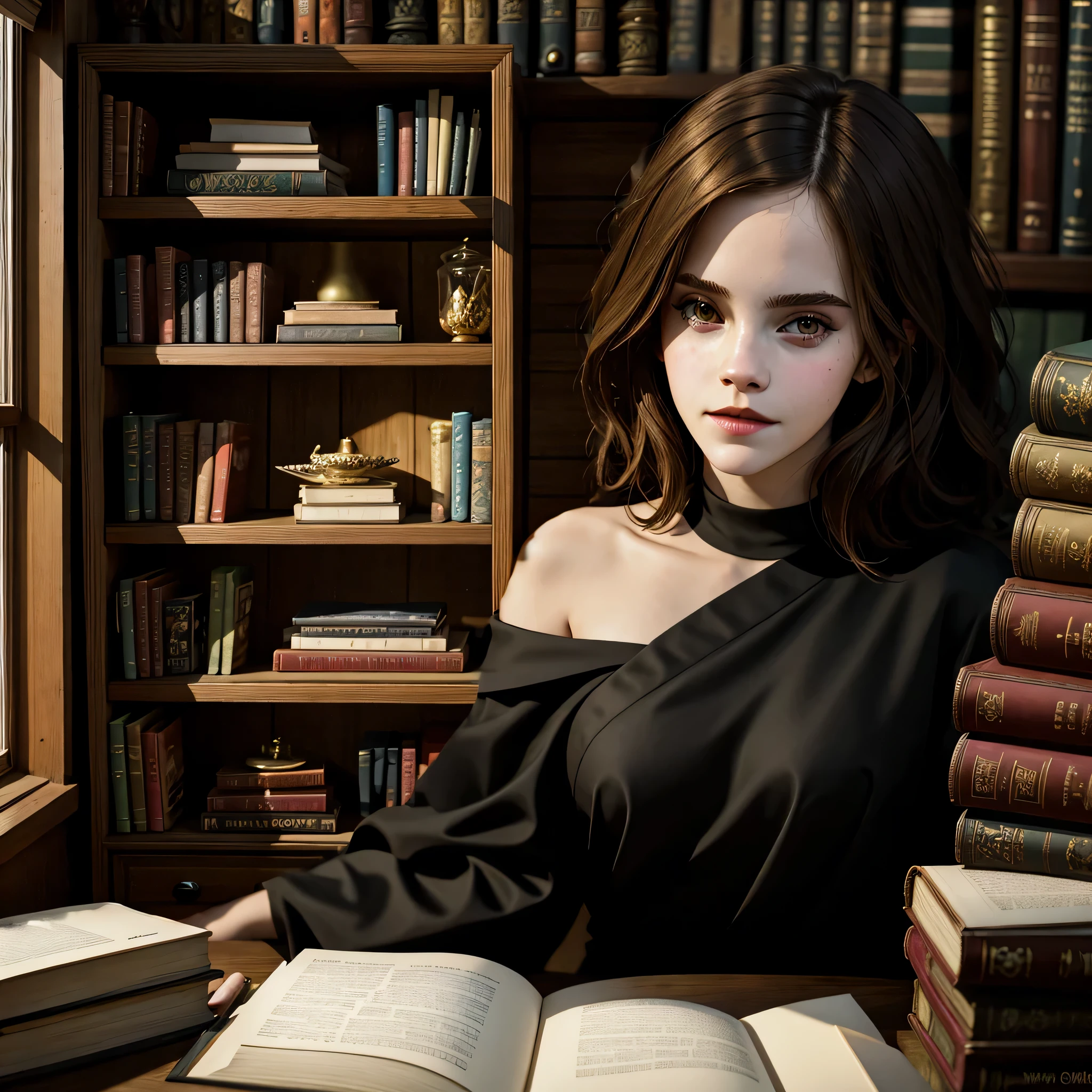 background with a bookshelf full of old books