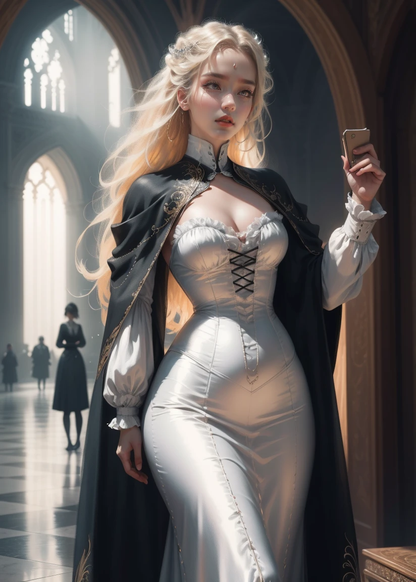 { - anatomy error}(Masterpiece - Ultra-detailed, very high resolution) Prepare to be enchanted by a true masterpiece that combines ultra-detailed art with high-resolution rendering. This work depicts a mesmerizing woman with very long blond hair (1.3) and captivating gray eyes (1.2), emanating an aura of elegance and mystery in Victorian settings. The intricate details and realistic textures invite you to explore every aspect of this enchanting composition. Woman wearing beautiful classic Victorian costume from the year 1878. Red lips. Happy face. Smiling. white (white) dress. Walking, writing, lying down, standing, on your back, dynamic poses. Get ready to dive into a world where beauty and craftsmanship merge perfectly.