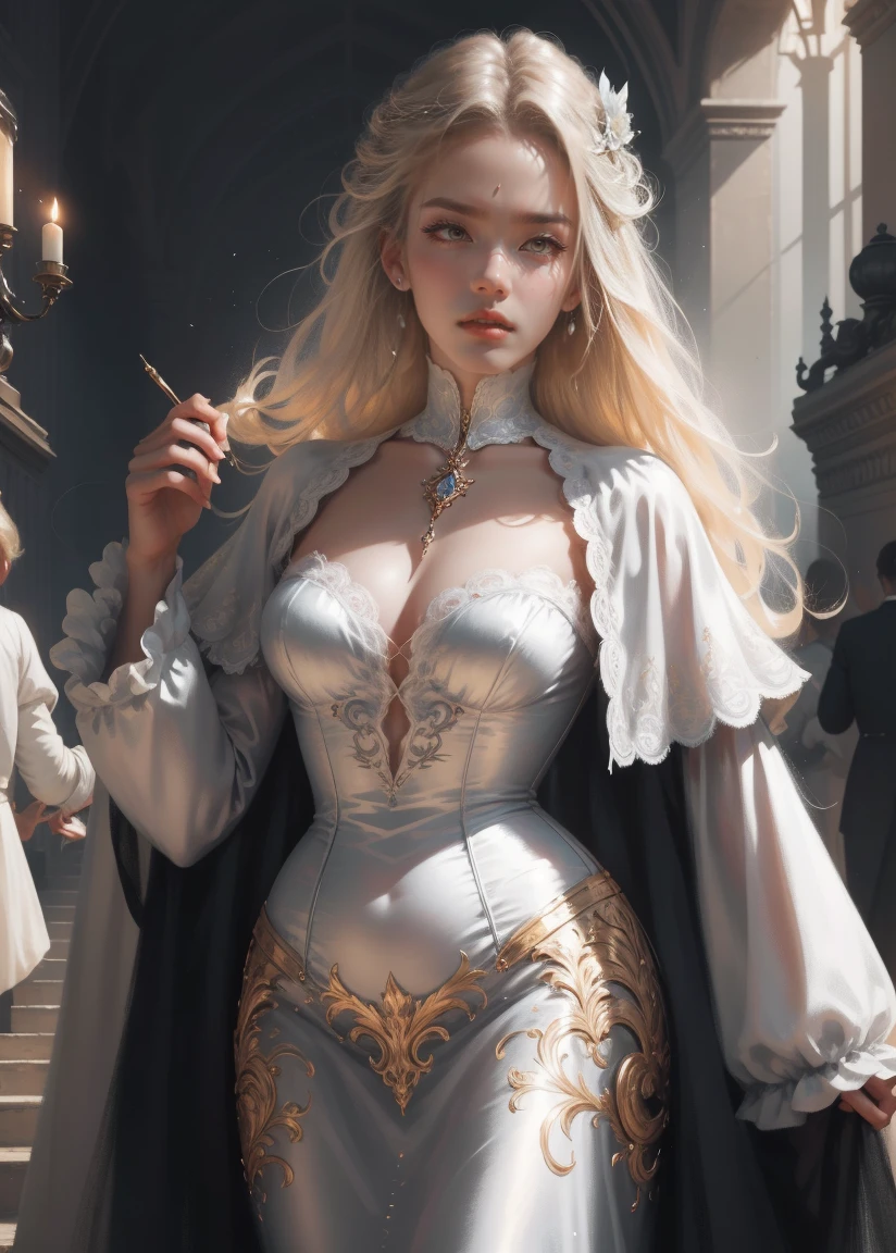 { -  error}(Masterpiece - Ultra-detailed, very high resolution) Prepare to be enchanted by a true masterpiece that combines ultra-detailed art with high-resolution rendering. This work depicts a mesmerizing woman with very long blond hair (1.3) and captivating gray eyes (1.2), emanating an aura of elegance and mystery in Victorian settings. The intricate details and realistic textures invite you to explore every aspect of this enchanting composition. Woman wearing beautiful classic Victorian costume from the year 1878. Red lips. Happy face. Smiling. white (white) dress. Walking, backwards, looking back, dynamic poses. Get ready to dive into a world where beauty and craftsmanship merge perfectly.