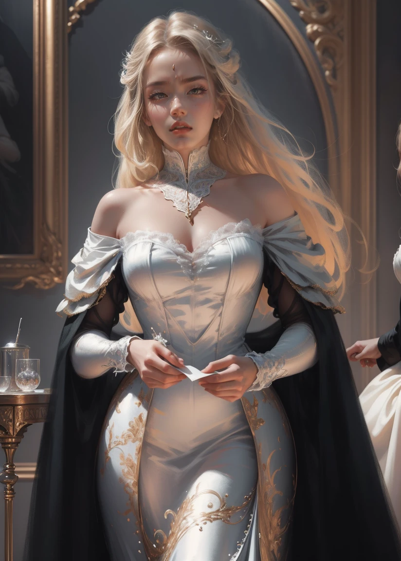 { -  error}(Masterpiece - Ultra-detailed, very high resolution) Prepare to be enchanted by a true masterpiece that combines ultra-detailed art with high-resolution rendering. This work depicts a mesmerizing woman with very long blond hair (1.3) and captivating gray eyes (1.2), emanating an aura of elegance and mystery in Victorian settings. The intricate details and realistic textures invite you to explore every aspect of this enchanting composition. Woman wearing beautiful classic Victorian costume from the year 1878. Red lips. Happy face. Smiling. white (white) dress. Walking, backwards, looking back, dynamic poses. Get ready to dive into a world where beauty and craftsmanship merge perfectly.