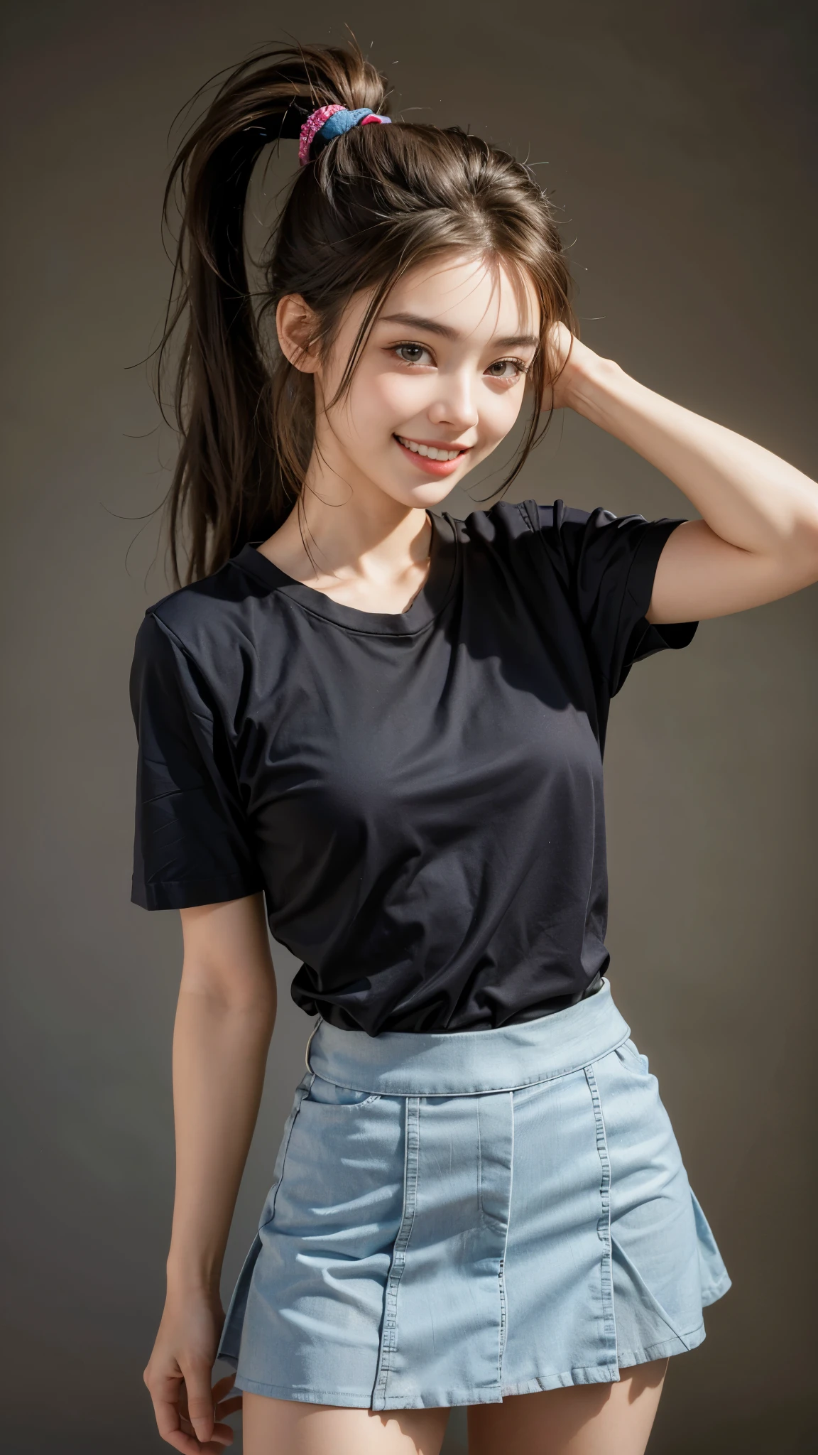 highest quality, masterpiece, ultra high resolution, (realistic:1.4), (front portrait) RAW photo, 1 girl, 18-year-old,((miniskirt uniform)),((ponytail and hair tie)),realistic,((Simple solid color background)), Pi,((toothy smile)),