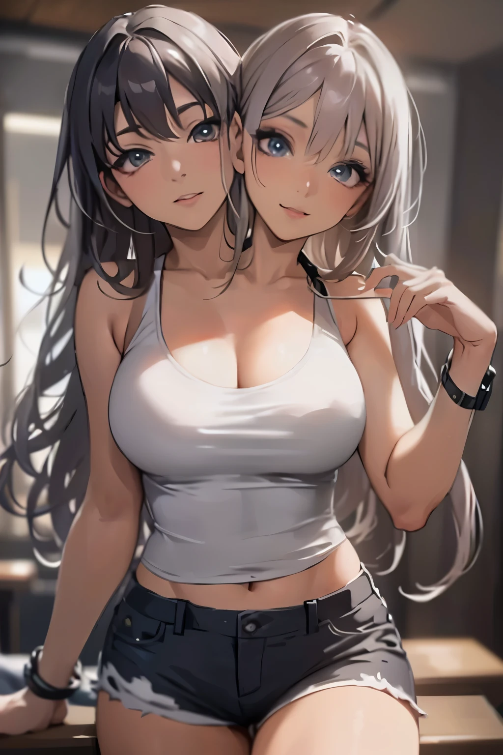 (masutepiece, Best Quality, Ultra-detailed, hight resolution, 4K),(Beautiful detailed eyes),(Very detailed face),(1girl in),nffsw,beautiful hair, Shorts, phone, cellphone, Bracelet, Tank top, Jewelry, Watch, Lips, Solo Focus, nail polish, Blurry background, Smile, wristWatch, Realistic, Blurry, Looking at Viewer, (two heads)