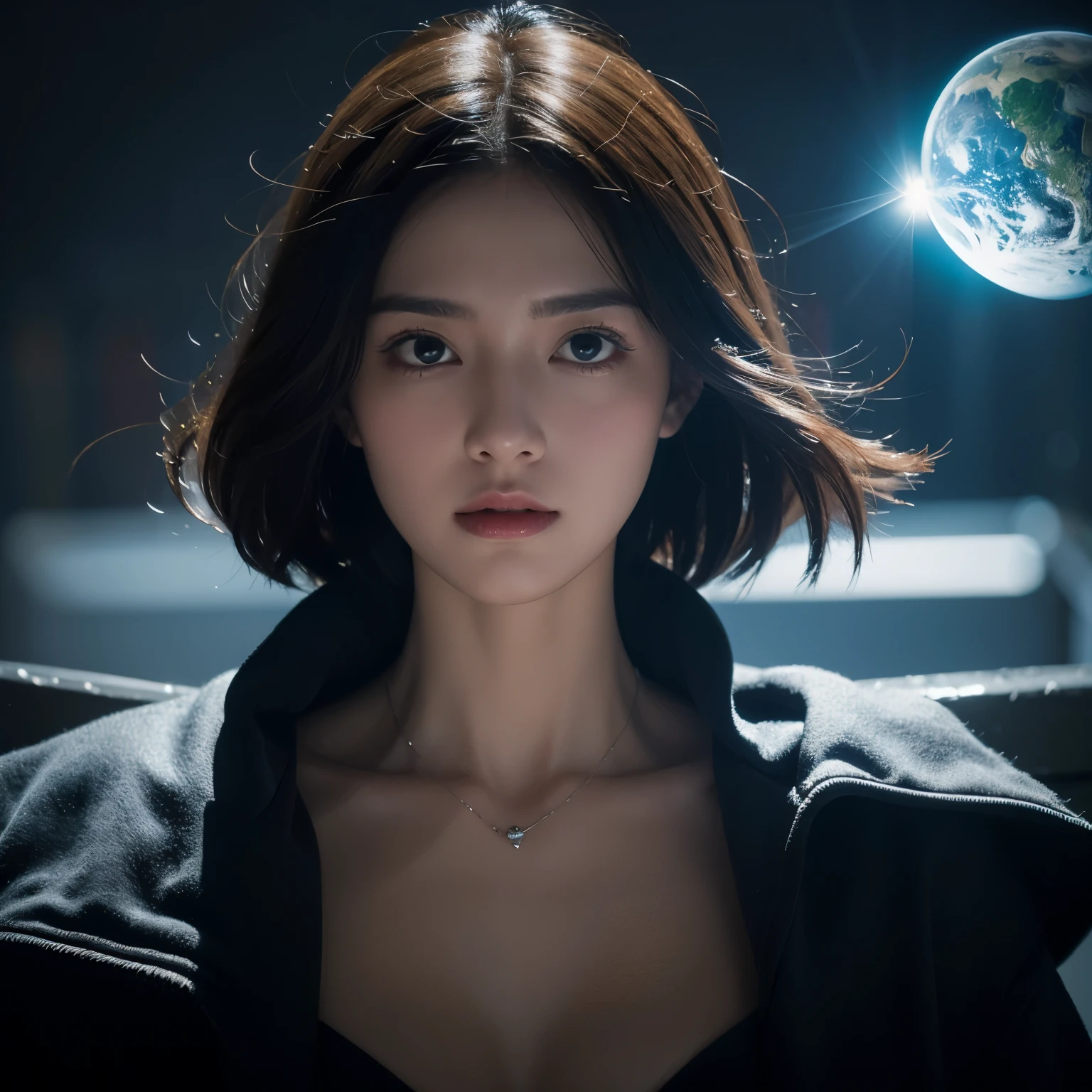photo, portrait, Scared woman floating [Discovery of wormholes leads to new world|Cursed prince must marry monster], [science fiction:fantasy:0.6] light