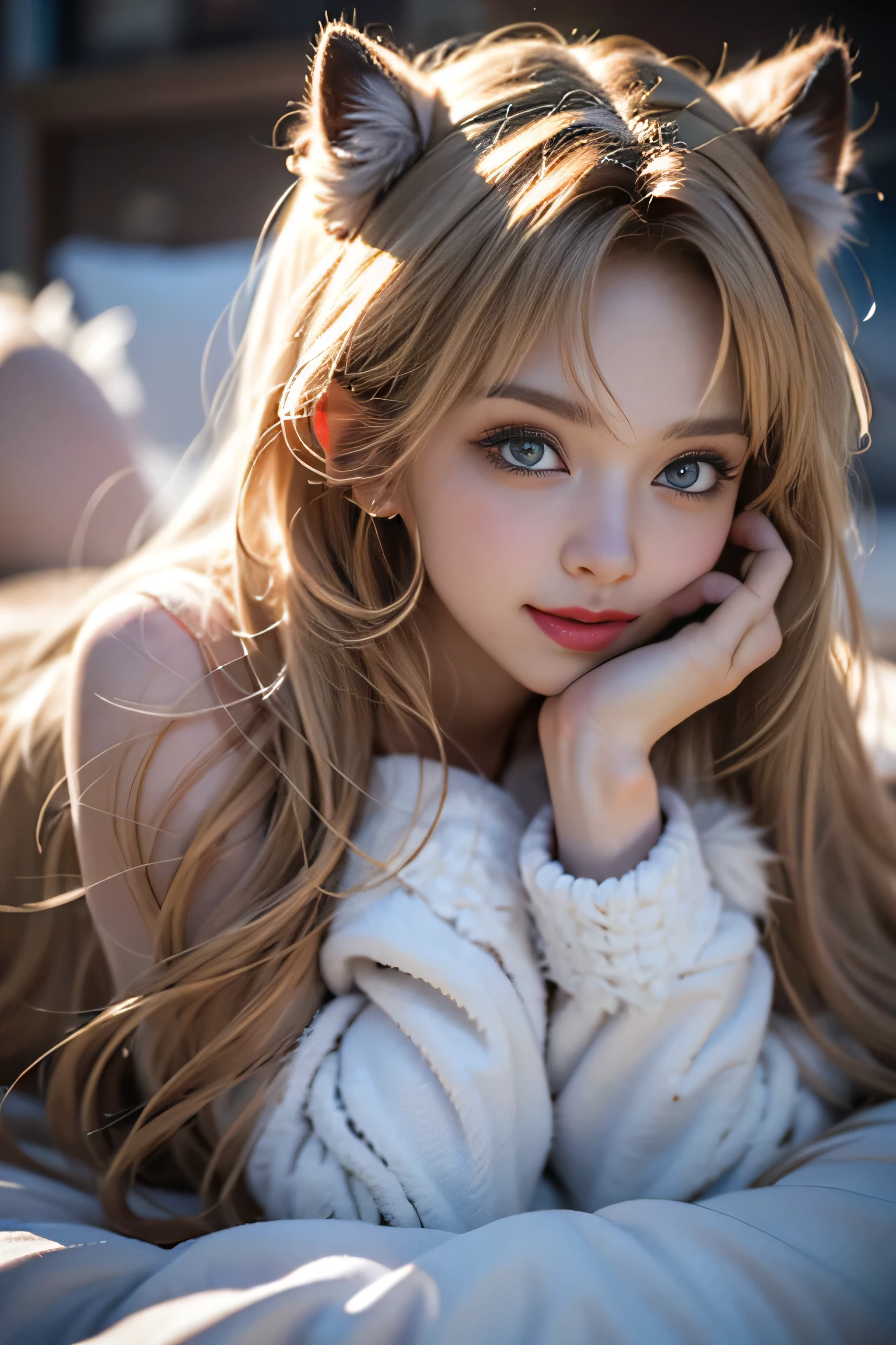 () ,girl、(Bunny ears headband)。(Random Nudes)，Exhibitionism，((Random exposure of genitals))。　Beautiful areola。Small breasts. Thin Hair。(On top of a snowy mountain). Detailed and complex background。((Light blonde hair))。(Round face). ((Straight Long Hair)). 可愛いsmile. Idol&#39;s face. Smooth Hair. Thin Hair. White skin. Full body photo. fun,smile. (Dynamic Pose).