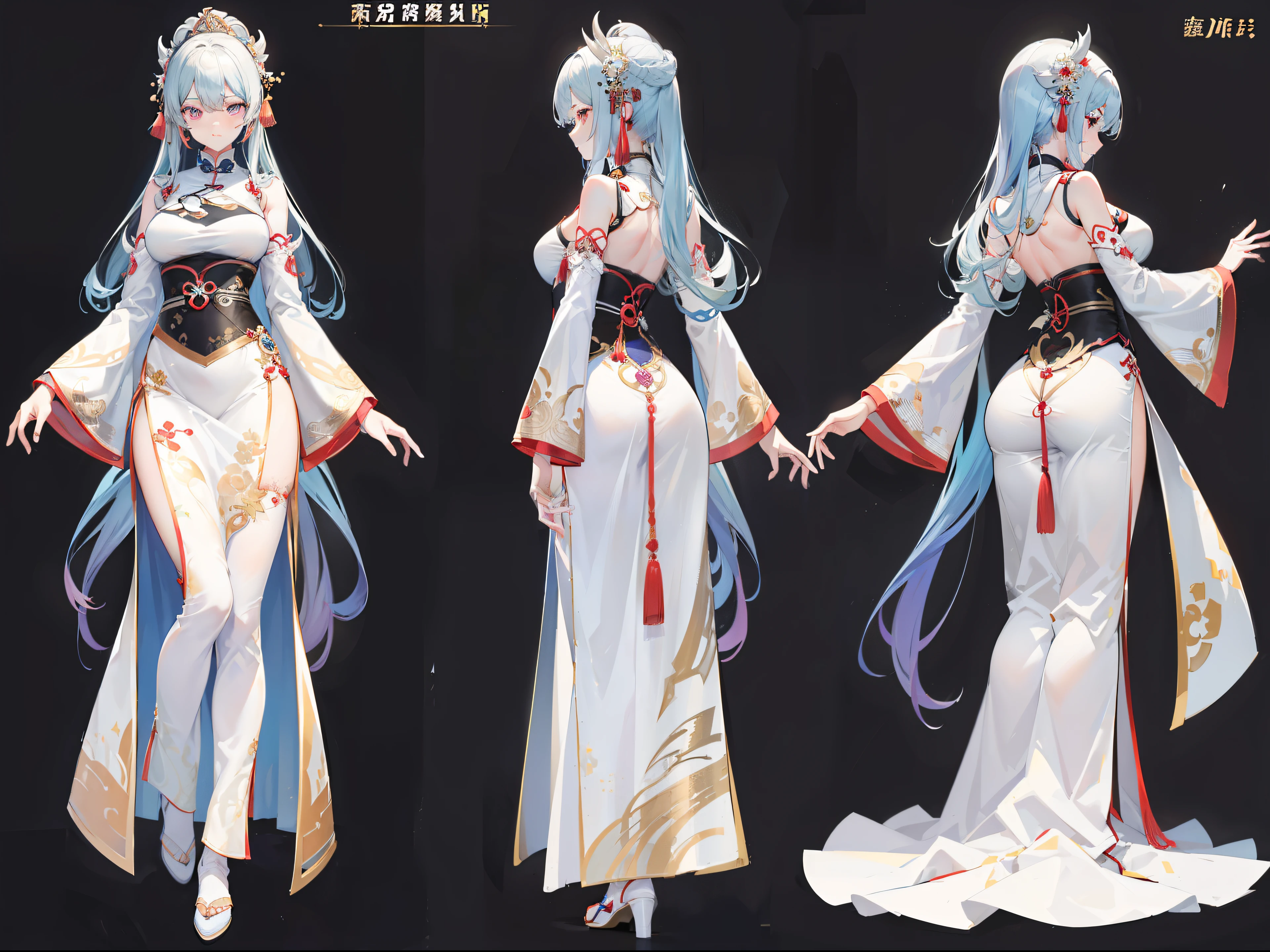 ,(Character drawings,down view,the sideview,Top view,Back view,Front view 1.8)This is Fairy Zixia standing by the pavilion,(Wearing sexy lavender see-through mesh halterneck bellyband uniform Hanfu hollow 1.5),Slim, long, Beautiful legs in stockings,Perfect body proportion, long slim figure,( Character 1 close-up full body photo.2),(Happy happy shy expression),A large number of complex pattern decorations on clothing,