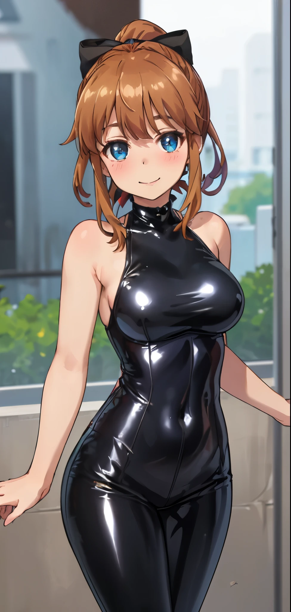 best quality, (masterpiece:1.2), highly detailed, standing, street,
1girl, solo, akatsuki minami,
looking at the viewer, closed mouth, smile, slight blush,
blue eyes, brown hair, ponytail, hair bow, sleeveless, ((the girl is dominatrix and she is wearing latex outfit, she is dominant and merciless)),  cowboy_shot, nsfw 