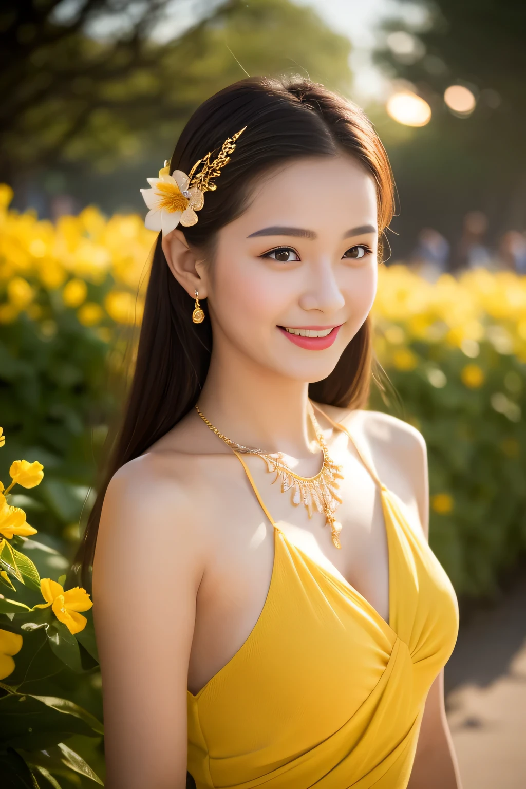 (8K resolution,vision,legal women pictures,20-year-old,(Thaiom facial features:1.8,cheek bones are thin,delicate face),detailed face,nice face,detailed face,detailed face,ultra fine makeup,black eye,(Look in different directions),長い暗redの髪,(Messy has layers),red lip,fair smooth skin,(optimal skin type:1.21),medium breasts,((Thai Evening Dresses:Siwalai,Delicate shawl strap,luxury ladies tube dresses),some flower hairpins,Gorgeous necklaces and bracelets),tall and tall,flying kiss action,perfect hands,ultra-fine clothing material),(party,banquet,Tropical trees々々,Wall of flowers,Exquisite environmental details),(refreshing,confident smile,Be happy,close),(professional lighting,dynamic lighting),((The color is relatively uniform,noble sexy,liveliness,Light of the sun(golden yellow,red,in pink))),(golden section,cinema lens,dynamic shot,Hasselblad Photostar works:1.3),(adorable,Light of the sun,Active,sexy and excited,little woman,trendsetter,folklore,artist,art platform)