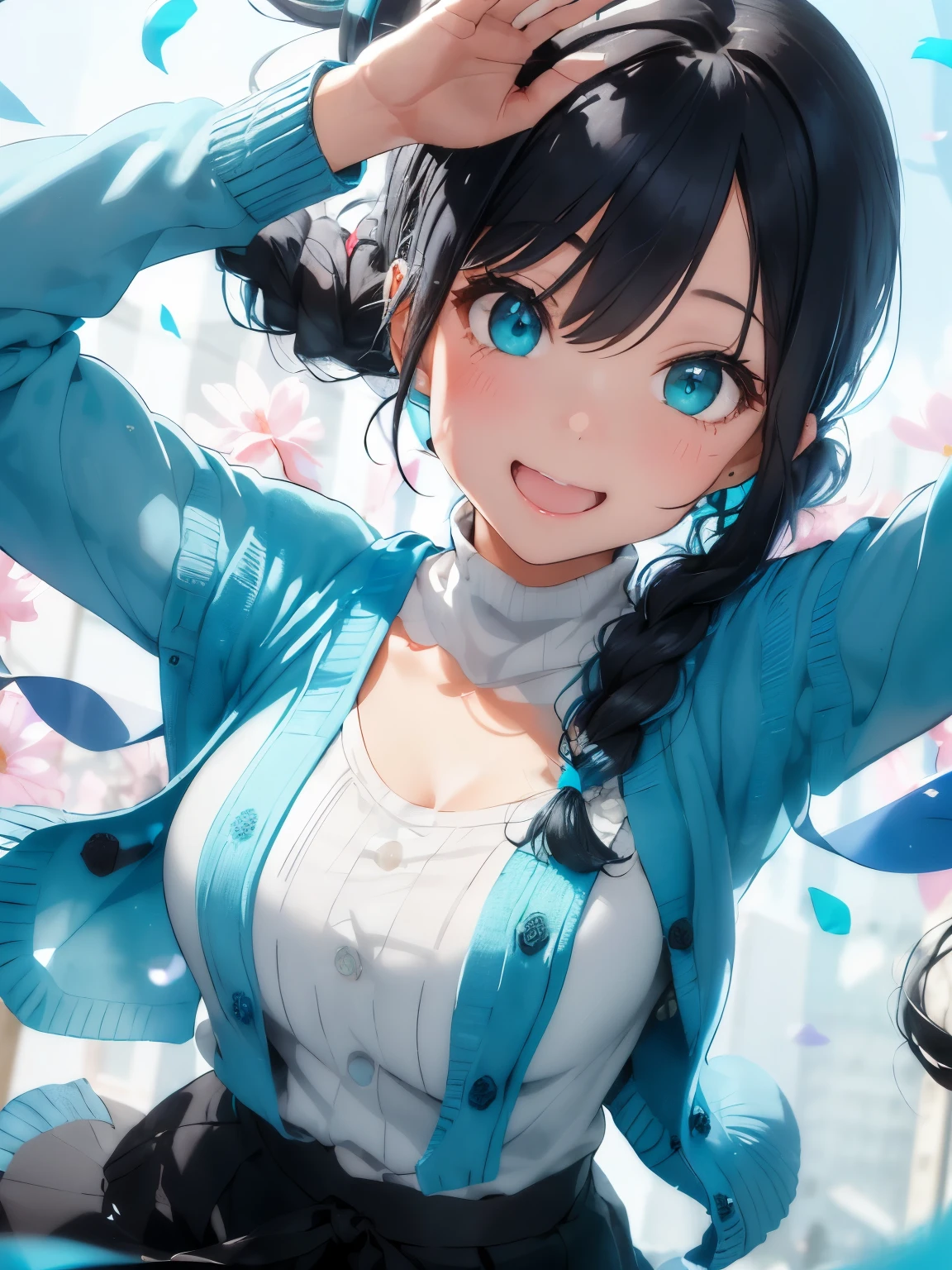 character//bluish black hair,blue eyes,long braided hair,With bangs,(eye size 1.6),(Open mouth and smile happily),break//((Turquoise blue long sleeve knit cardigan:1.3)),break//((Transparent black turtleneck innerwear)),break//((cream floral skirt)),((Raise your arms high and reach out to me:1.5)),break//((Colorful petals dance:1.3)),(festival atmosphere),((look up:1.25)),((Angle directly above)),((close up of face:1.3)),