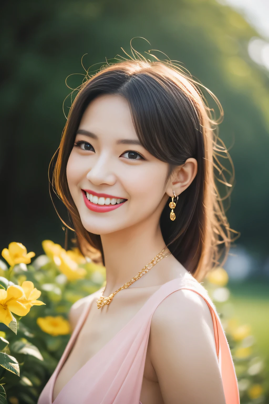 （8K resolution，vision，legal women pictures，20-year-old，（Thaiom facial features：1.8，cheek bones are thin，delicate face），detailed face，nice face，detailed face，detailed face，ultra fine makeup，black eye，（Look in different directions），長い暗redの髪，（Messy has layers），red lip，fair smooth skin，（optimal skin type：1.21），medium breasts，（（Thai Evening Dresses：Siwalai，Delicate shawl strap，luxury ladies tube dresses），some flower hairpins，Gorgeous necklaces and bracelets），tall and tall，flying kiss action，perfect hands，ultra-fine clothing material），（party，banquet，Tropical trees々々，Wall of flowers，Exquisite environmental details），（refreshing，confident smile，Be happy，close），（professional lighting，dynamic lighting），（（The color is relatively uniform，noble sexy，liveliness，Light of the sun（golden yellow，red，in pink））），（golden section，cinema lens，dynamic shot，Hasselblad Photostar works：1.3），（adorable，Light of the sun，Active，sexy and excited，little woman，trendsetter，folklore，artist，art platform）