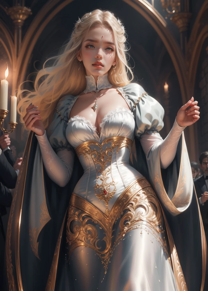 { - anatomy error}(Masterpiece - Ultra-detailed, very high resolution) Prepare to be enchanted by a true masterpiece that combines ultra-detailed art with high-resolution rendering. This work depicts a mesmerizing woman with very long blond hair (1.3) and captivating gray eyes (1.2), emanating an aura of elegance and mystery in Victorian settings. The intricate details and realistic textures invite you to explore every aspect of this enchanting composition. Woman wearing beautiful classic Victorian costume from the year 1878. Red lips. Happy face. Smiling. white dress. Walking, writing, lying down, standing, on your back, dynamic poses. Get ready to dive into a world where beauty and craftsmanship merge perfectly.