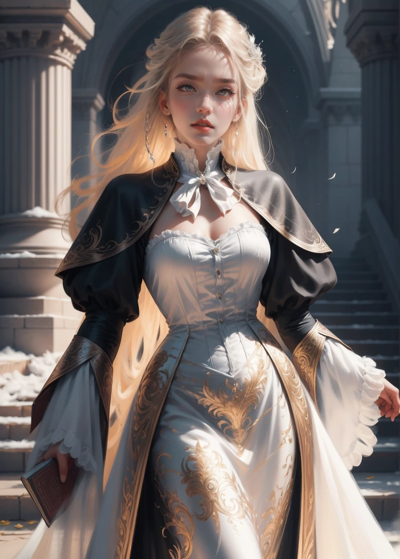 { - anatomy error}(Masterpiece - Ultra-detailed, very high resolution) Prepare to be enchanted by a true masterpiece that combines ultra-detailed art with high-resolution rendering. This work depicts a mesmerizing woman with very long blond hair (1.3) and captivating gray eyes (1.2), emanating an aura of elegance and mystery in Victorian settings. The intricate details and realistic textures invite you to explore every aspect of this enchanting composition. Woman wearing beautiful classic Victorian costume from the year 1878. Red lips. Happy face. Smiling. white dress. Walking, writing, lying down, standing, on your back, dynamic poses. Get ready to dive into a world where beauty and craftsmanship merge perfectly.