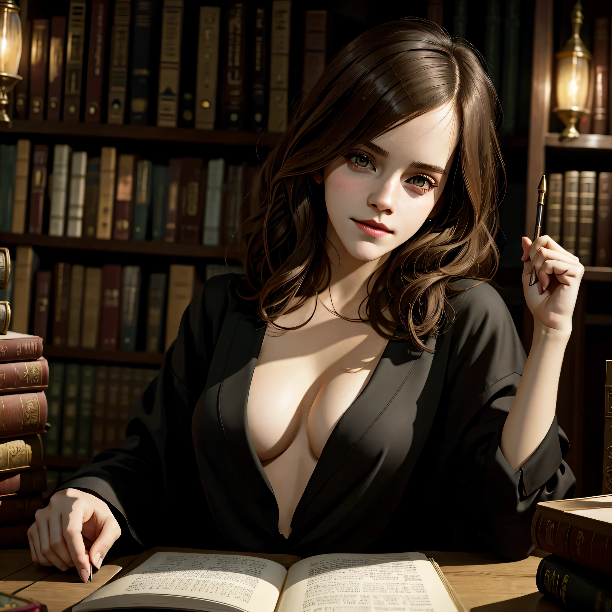 Emma Watson, sexy prostitute outfits, studies in the Hogwarts library, sitting at a table in front of a pile of books, short wavy hair, instagram pose, full body, complex, seductress, smiling, small breasts, at night, shameless, opening her blouse, showing her perfect breasts, Highly detailed, detailled breasts, detailled nipples, digital painting, ArtStation, Concept art, smooth, sharp focus, illustration, Illustration by Wlop, Charlie Bowater and Alexandra Fomina