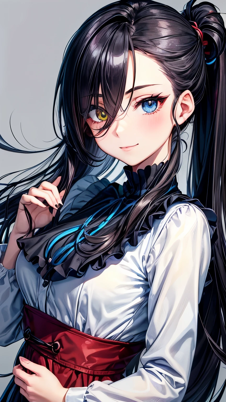 27 years old Japanese tidy lady ((small breast, very slender)), various colors hair ponytail((middle hair)), ((much shaggy long forelock, various colors highlights ))((hair over one eye completely:1.4)),BREAK, dirndl ((indigo, deep red, jet-black, )), high neck jet-black long sleeves shirt, tidy and fearless face, grab her arm with her hand, seductive and friendly smile, big droopy eyes (( shiny blue eye, shiny pale yellow eye, heterochromia)), eyelashes, blush , small mole under left eye, BREAK, tidy and pleasant atmosphere,((face focus)),