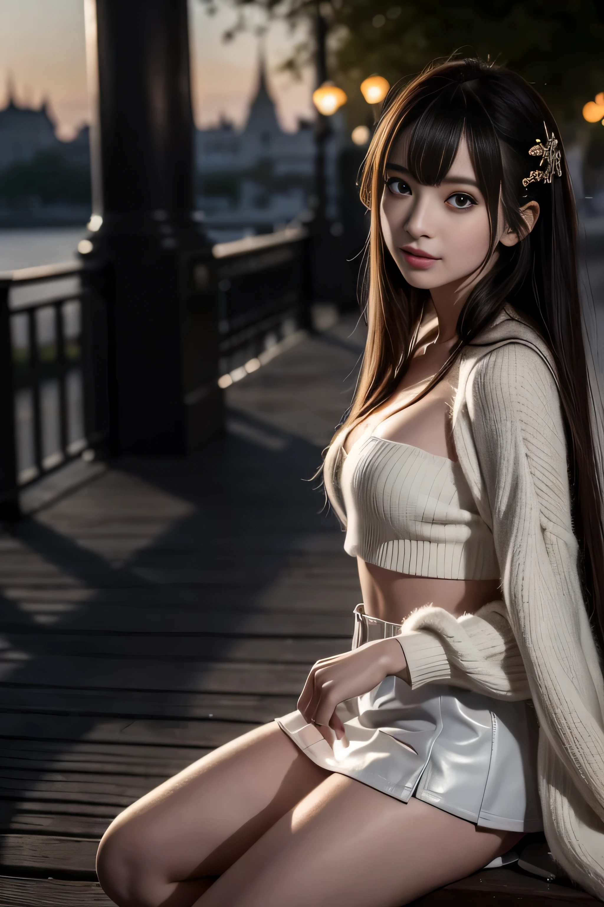 (Girl sitting on a park bench by the lake）(surreal)、(enlightenment)、(High resolution)、(8k)、(非常にbe familiar with)、(Best Illustration)、(detailed and beautiful eyes)、(highest quality)、(超be familiar with)、(masterpiece)、(wallpaper）、（detailed face）、alone、1 girl、slim、looking at the viewer、be familiar with、detailed face、in the dark night、deep shadow、discreet key、Pure erotic face ace_v1、laughter、(Straight long hair of maroon color)、46 point diagonal bangs、(white fur half coat)、(Tube top、Short sweater)、(black leather mini skirt)、(barefoot)、(White Half Boots)、(Old European castles are hazy in the background),(I can see black pants)