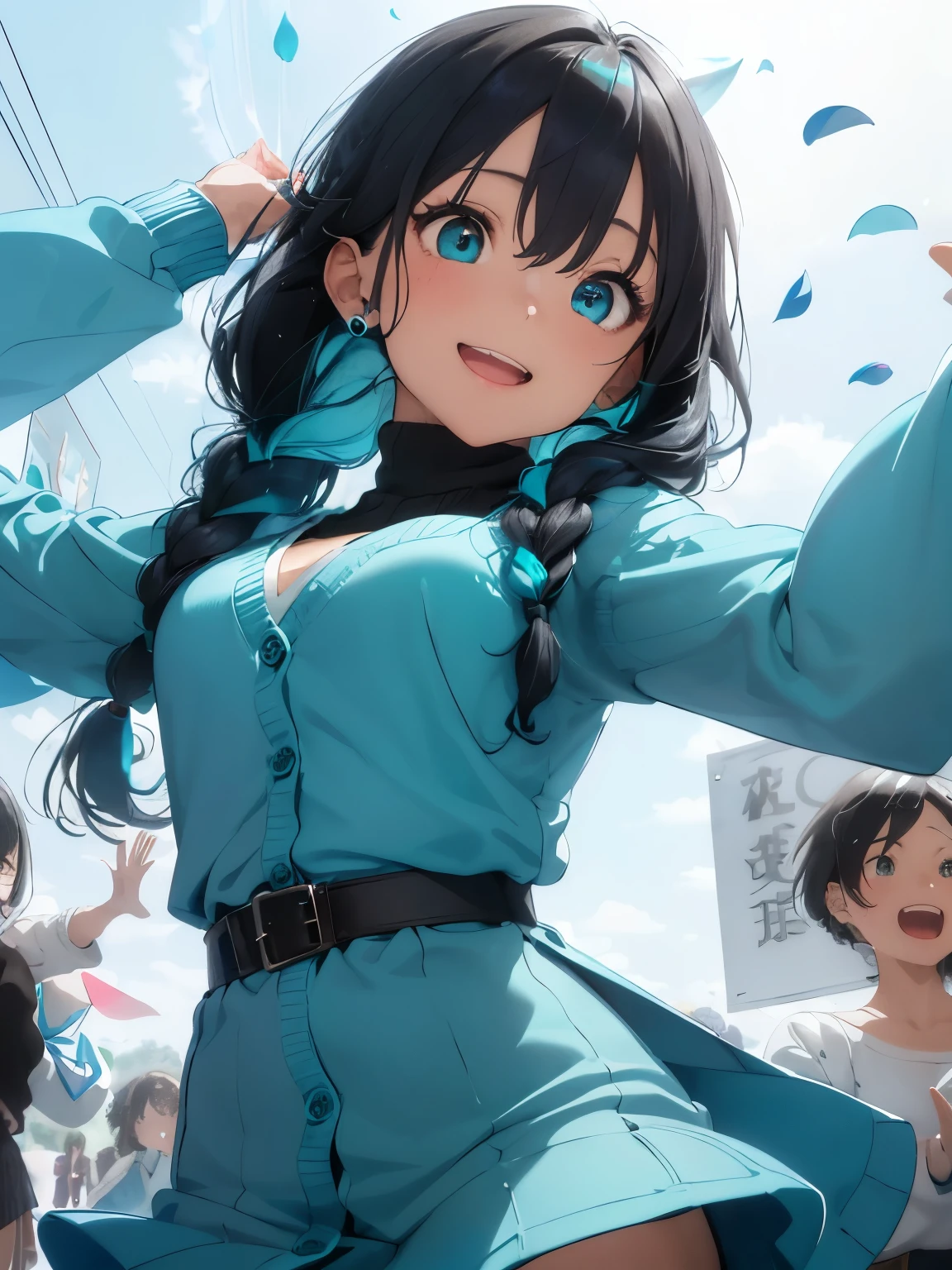 character//bluish black hair,blue eyes,long braided hair,With bangs,(eye size 1.6),(Open mouth and smile happily),break//((Turquoise blue long sleeve knit cardigan:1.3)),break//((Transparent black turtleneck innerwear)),break//((cream floral skirt)),((Raise your arms high and reach out to me:1.5)),break//((Colorful petals dance:1.3)),(festival atmosphere),((look up:1.25)),((Angle directly above)),((close up of face:1.3)),