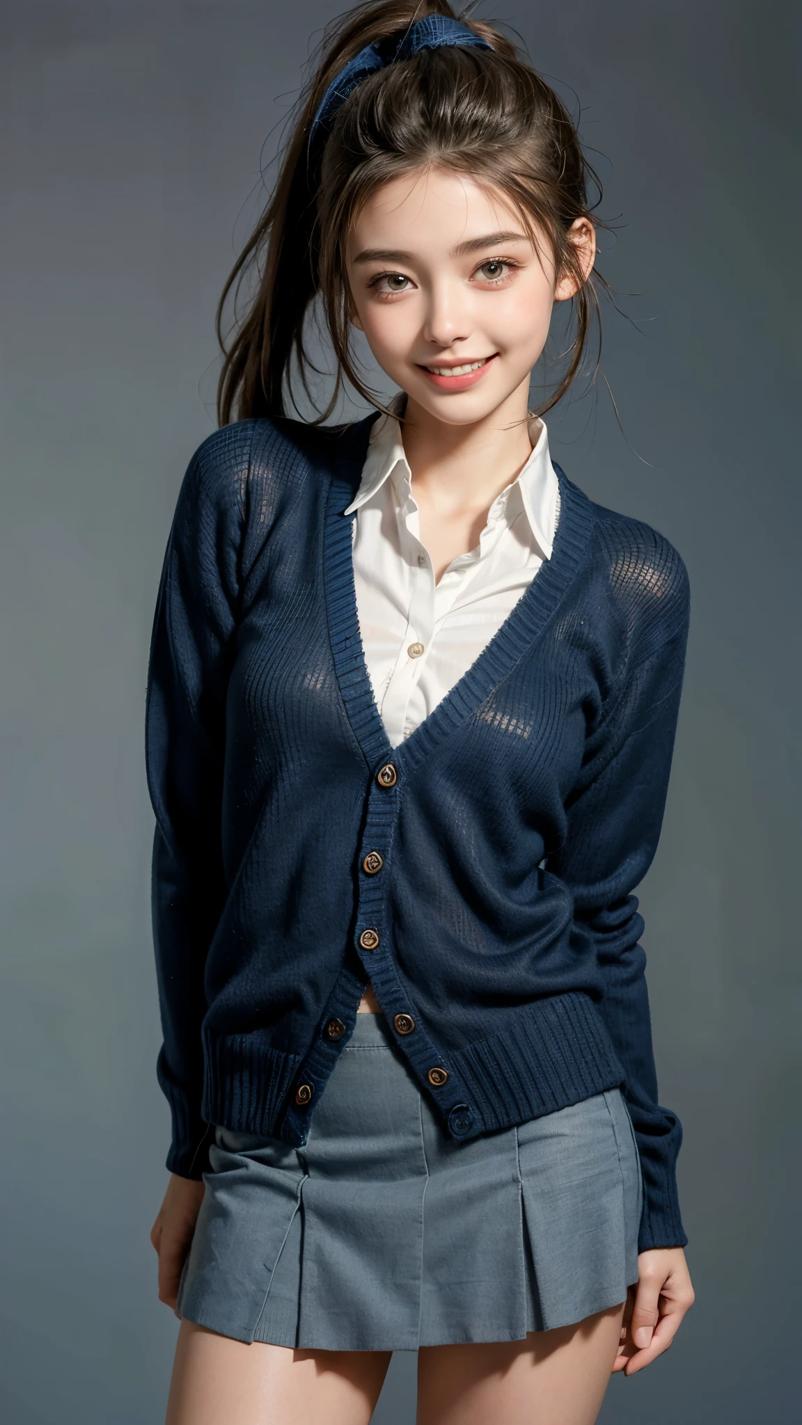 highest quality, masterpiece, ultra high resolution, (realistic:1.4), (front portrait) RAW photo, 1 girl, 18-year-old,((Dark blue knitted cardigan)),((miniskirt student uniform)),((ponytail and hair tie)),realistic,((Simple solid color background)), Pi,((toothy smile)),