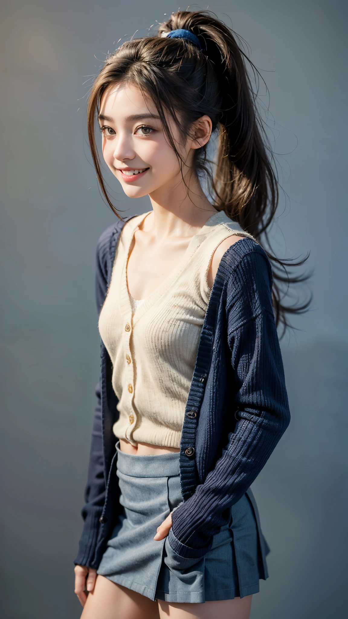 highest quality, masterpiece, ultra high resolution, (realistic:1.4), (front portrait) RAW photo, 1 girl, 18-year-old,((Dark blue knitted cardigan)),((miniskirt student uniform)),((ponytail and hair tie)),realistic,((Simple solid color background)), Pi,((toothy smile)),