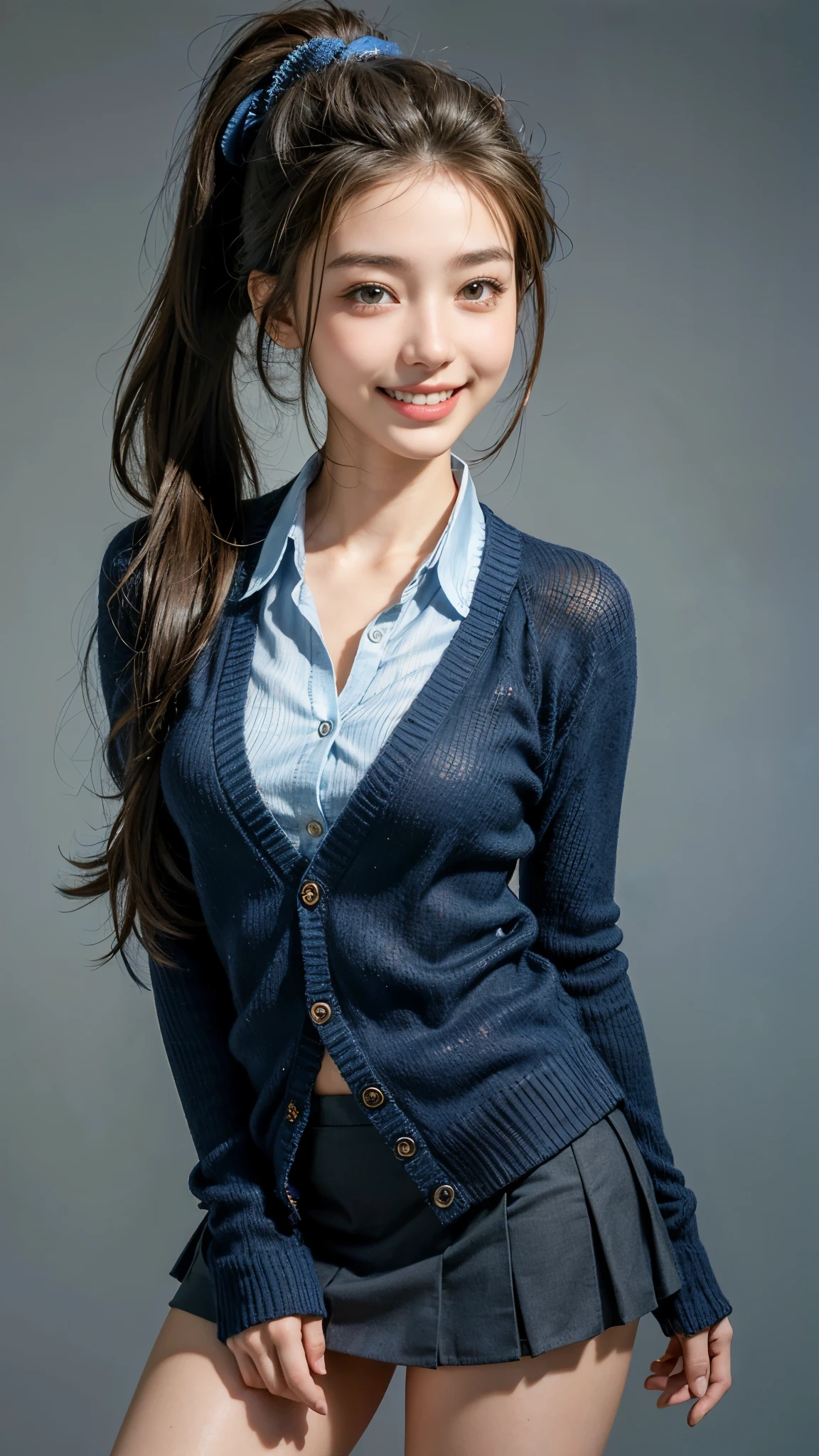highest quality, masterpiece, ultra high resolution, (realistic:1.4), (front portrait) RAW photo, 1 girl, 18-year-old,((Dark blue knitted cardigan)),((miniskirt student uniform)),((ponytail and hair tie)),realistic,((Simple solid color background)), Pi,((toothy smile)),