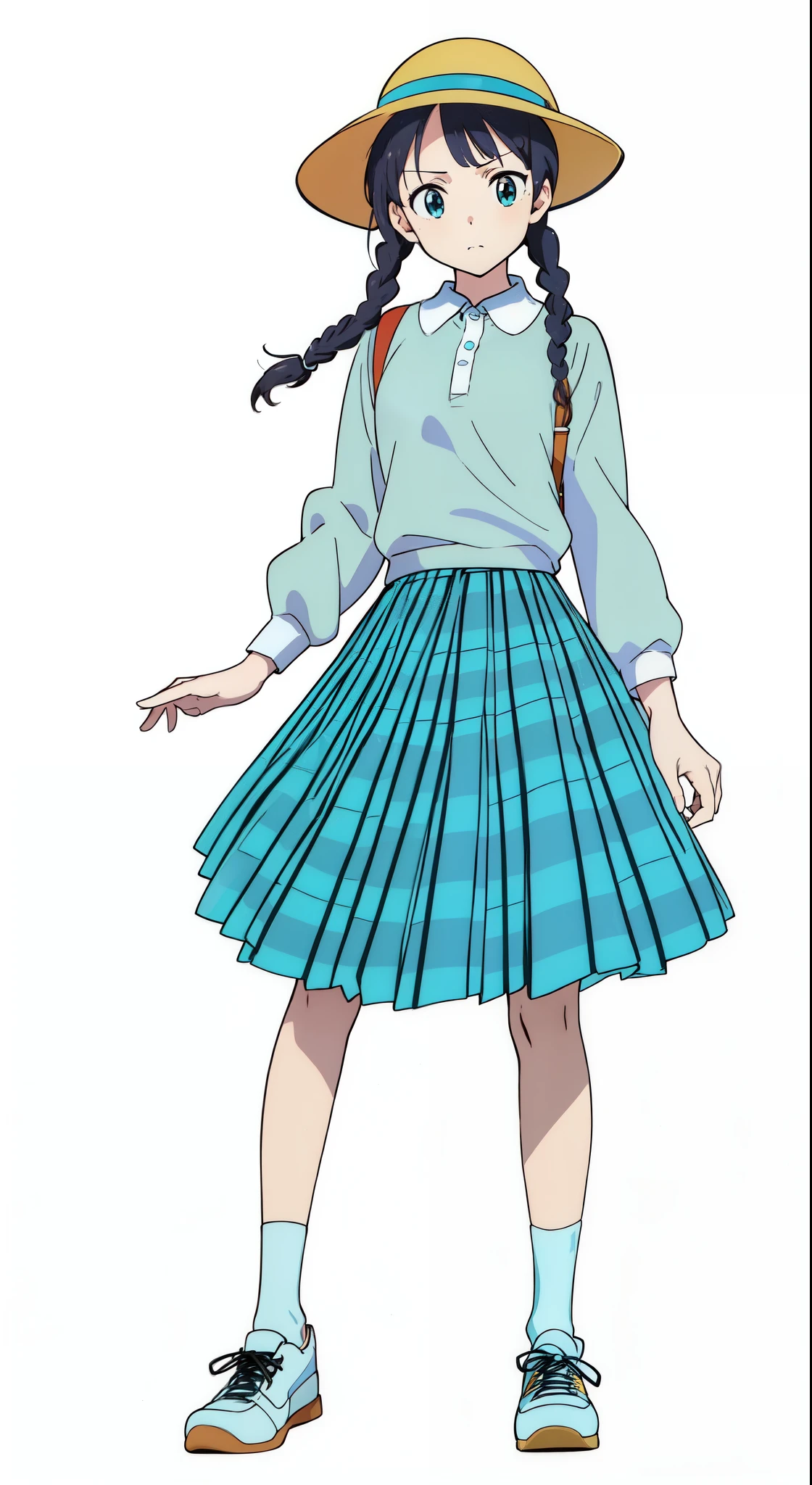 (action pose:1.5), (white background:1.0), (best quality:1.0), (masterpiece:1.0), (super fine illustration:1.0), (beautiful artwork:1.0), (anime screencap:1.0), (official art:1.0), (full body:1.0), (solo:1.0), (ESGA:1.0), (a cute girl:1.5), (yellow hat:1.25), (red backpack:1.0), (long skirt:1.0), (green tartan skirt:1.0), (pleated skirt:1.0), (aqua blue polo shirt:1.0), (long sleeve polo shirt:1.0), (sneakers:1.0), (white socks:1.25), (ideal ratio body proportions:1.0), (lanky:1.0), (tall:1.0), (slender:1.0), (small breasts:1.0), (smaller face:1.0), (tareme:1.5), (detailed beautiful eyes:1.5), (detailed beautiful face:1.5), (glowing black eyes:1.1), (short hair:1.0), (swept bangs:1.5), (twin braids:1.5), (black hair:1.0), (looking at viewer:1.5)