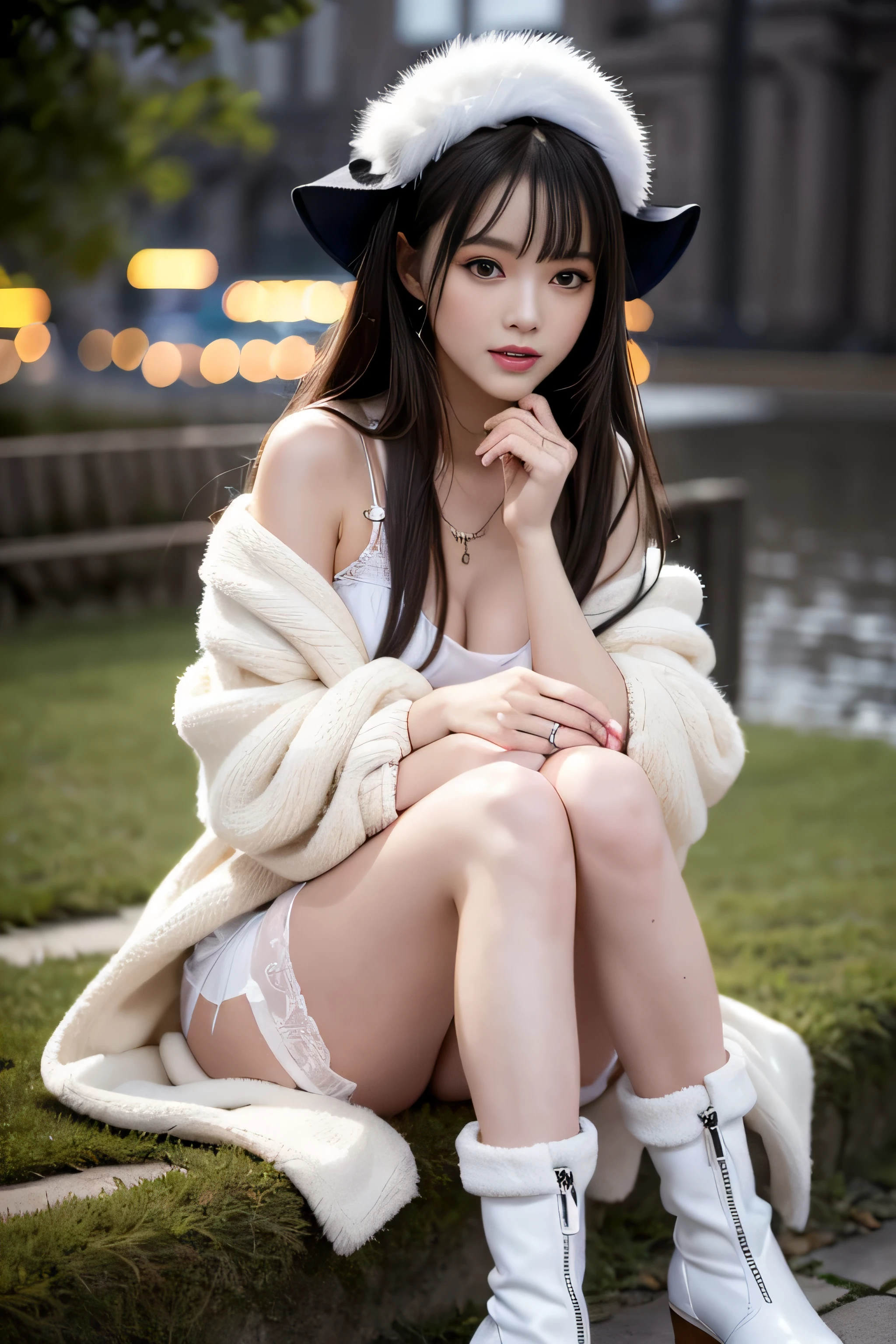 (Girl sitting on a park bench by the lake)(surreal)、(enlightenment)、(High resolution)、(8k)、(非常にbe familiar with)、(Best Illustration)、(detailed and beautiful eyes)、(highest quality)、(超be familiar with)、(masterpiece)、(wallpaper)、(detailed face)、alone、1 girl、slim、looking at the viewer、be familiar with、detailed face、in the dark night、deep shadow、discreet key、Pure erotic face ace_v1、laughter、(Straight long hair of maroon color)、46 point diagonal bangs、(white fur half coat)、(black leather mini skirt)、(barefoot)、(White Half Boots)、(Old European castles are hazy in the background),(I can see white pants)