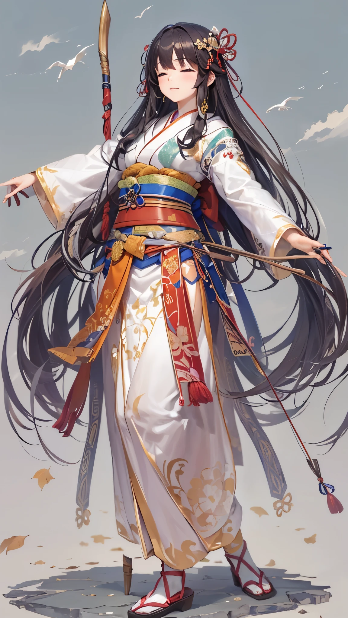 (perfect anatomy, masterpiece:1.2, best quality, 8k, beautiful detailed grow, daydreaming expression), break, (battle fighting stance) (hand holding Japanese divine bow gripping bow in hands), (solo:1.2 blunt:1.1 bangs black hair long hair beautiful girl, 14 yo, closed eyes), in a shrine maiden costumebreak, break, background Dazaifu Tenmangu.