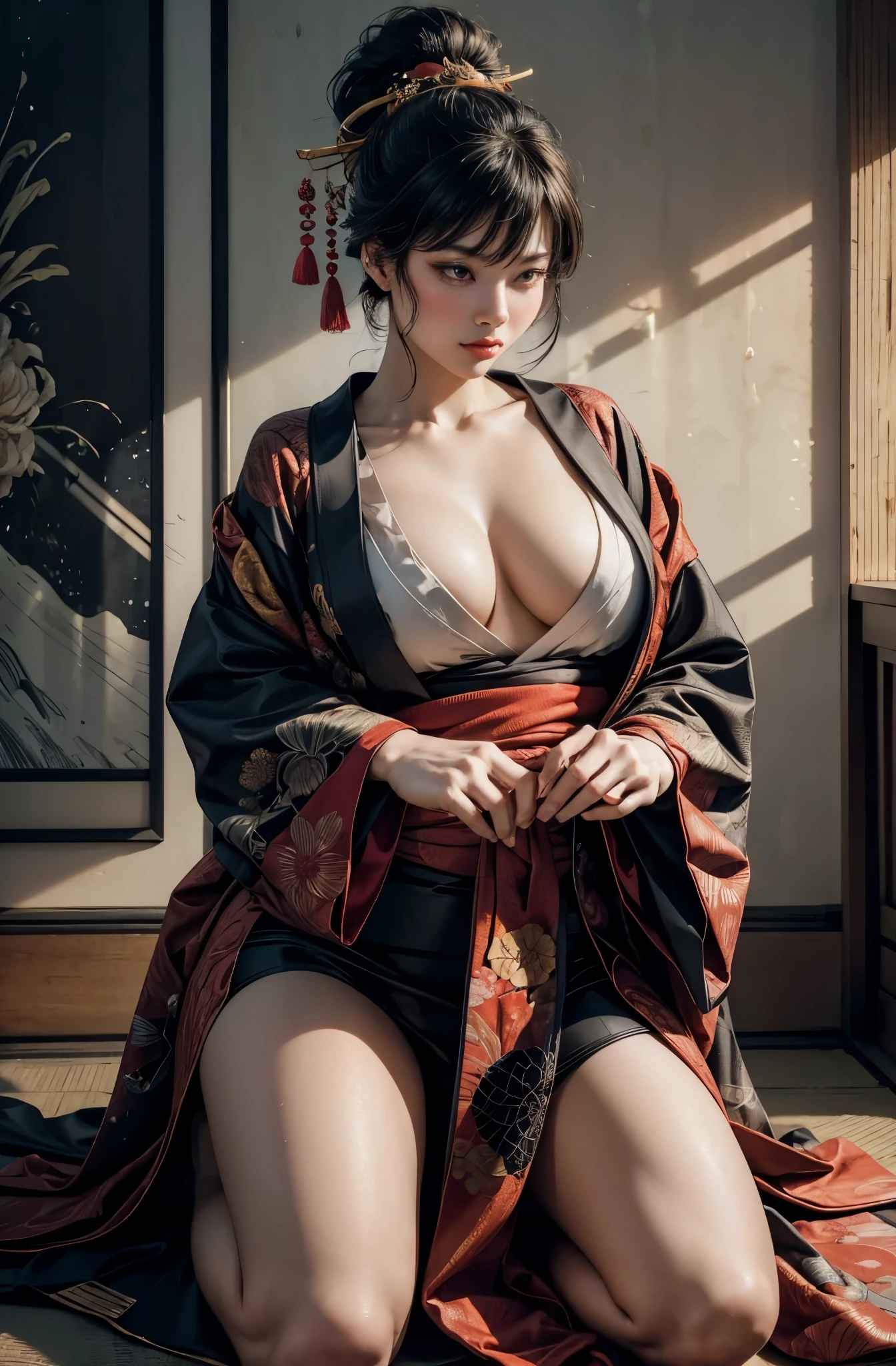 Umalinda warrior sexy, pretty face, Delicious Company, Alluring figure, Wearing a sexy open kimono. The artwork is created in a medium reminiscent of Japanese ink paintings....., 具有大胆的笔触和Monochromatic color palette. artist'Masterful technique reveals the intensity and power of the image'sense of presence,with the highest quality, Perfectly capture every detail with ultra-high resolution. Textures and intricate patterns on kimonos are rendered with extreme precision. Lighting is carefully designed,Enhance drama, Features deep shadows and subtle highlights. General, The artwork exudes elegance and power, Combining traditional Japanese aesthetics with a modern feel. Monochromatic color palette, Combine details, Create captivating and immersive experiences for your audience.
