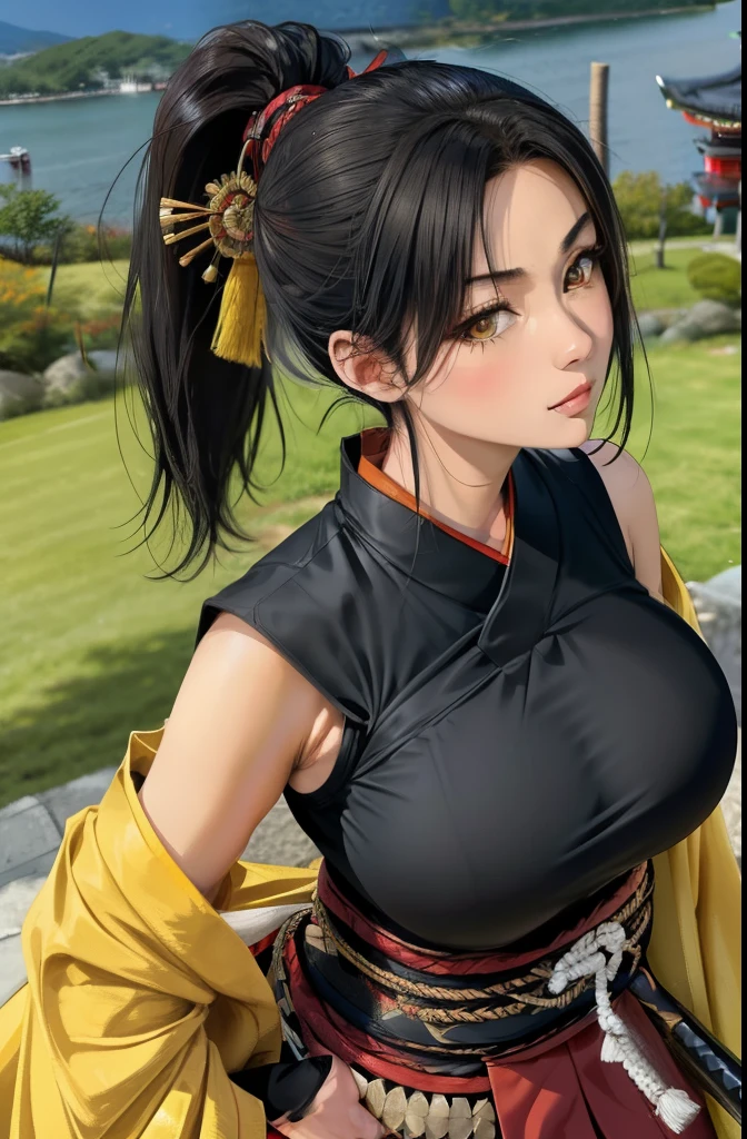 Masterpiece, Best quality,Samurai of Japan，1 female, Black hair with high ponytail, Bright eyes, heroic look, full body,  Wear a Japanese katana, Japanese samurai costumes and ninja costumes are yellow, Black, yellow and red，splendid，Facial details, The face is delicate, large bust, cleavage, shoulderless, a view from above