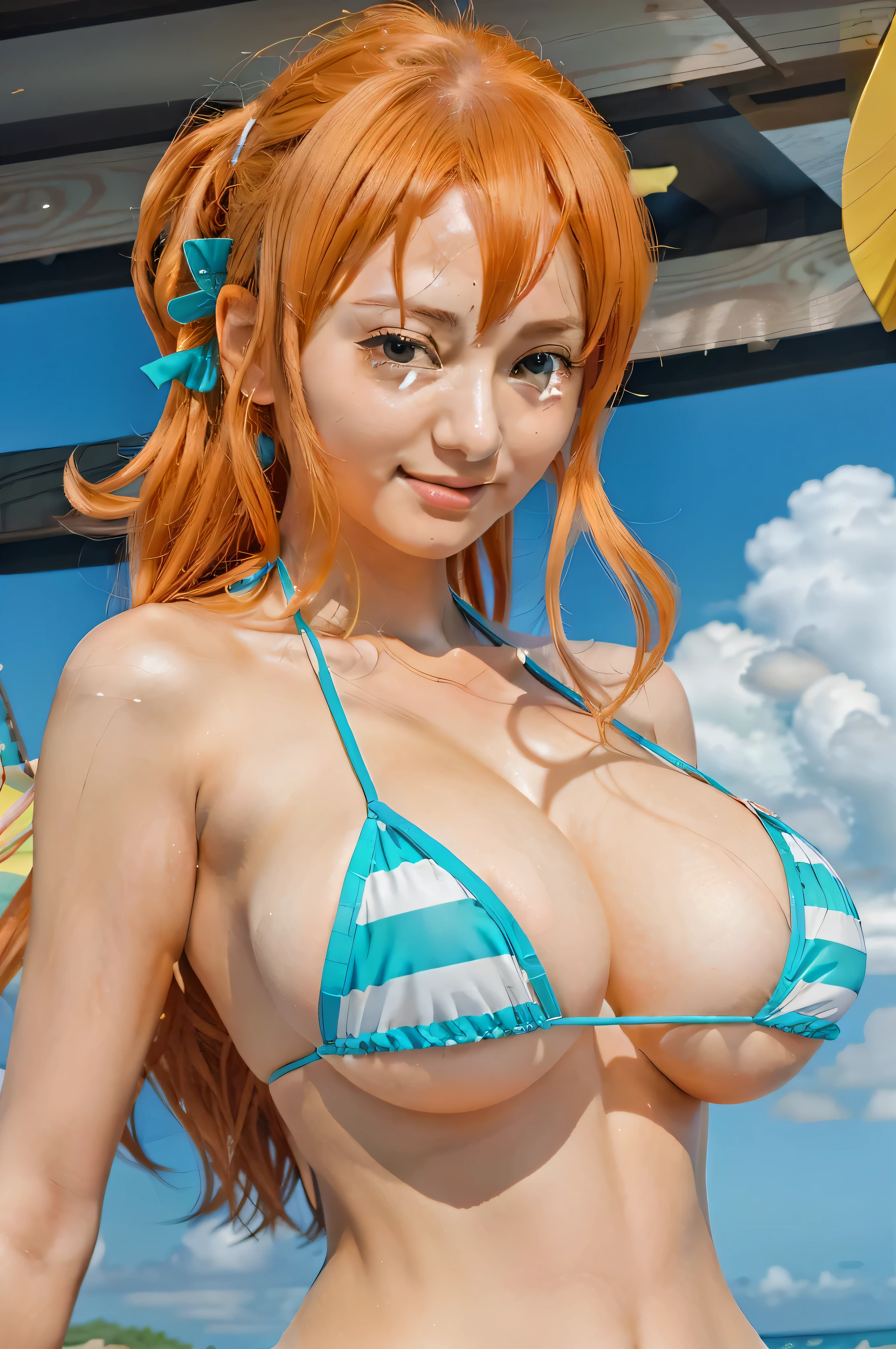 anime girl in bikini with big breasts standing in front of a beach, us piece, beautiful portrait of us, us from piece, us, seductive anime girl, from piece, anime best girls, piece, Beichuan Ma Lin fan art, author:Kentaro Miura, auburn, big breasts!, female anime characters, anime girl named lucy