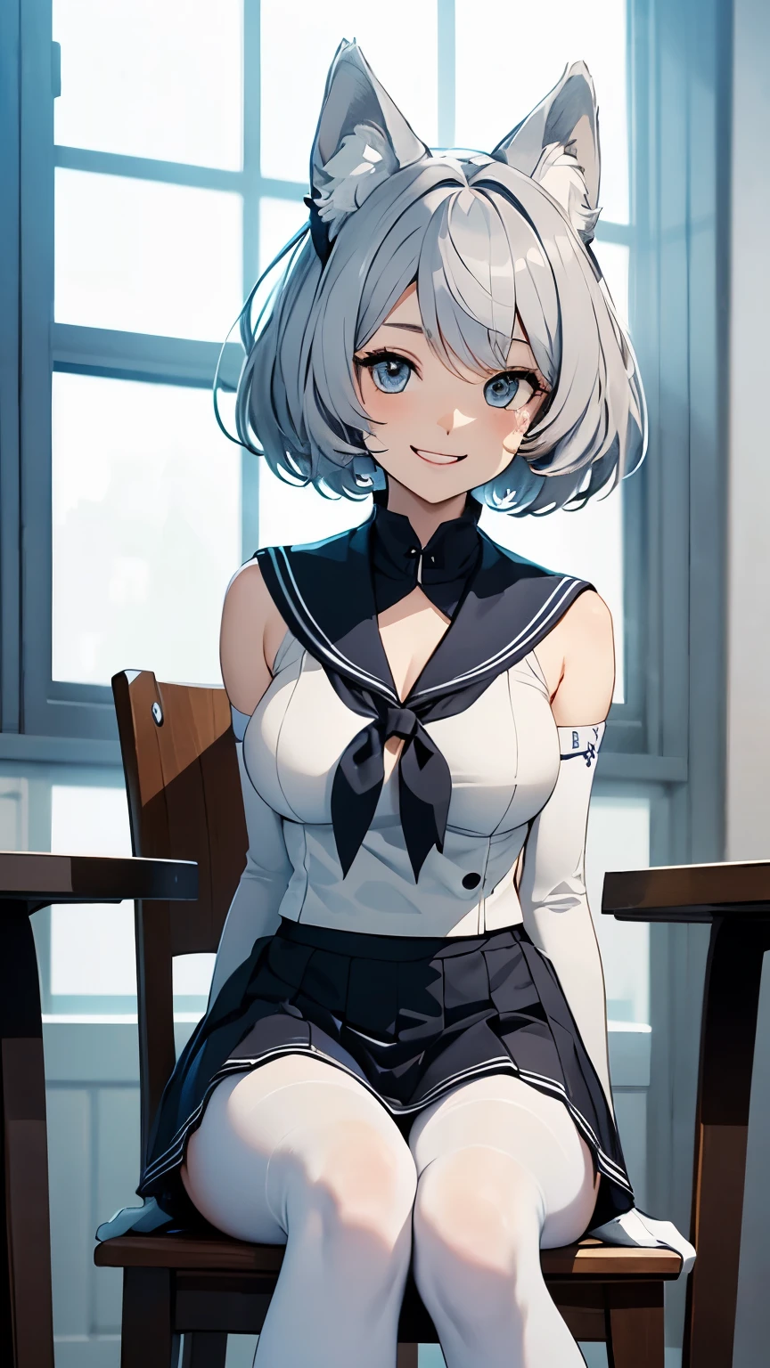 table top　High level image quality　best image quality　8k　 adult woman　portrait　white long gloves（elbow gloves）　white pantyhose　sailor suit（Sleeveless mini skirt　white wolf ears　short hair（（shortcut）（gray hair）（perm）（fluffy））　eye color is blue　attractive face（（laughter）（smile）（open your mouth））　beautiful feet　sit on a chair　view from below
